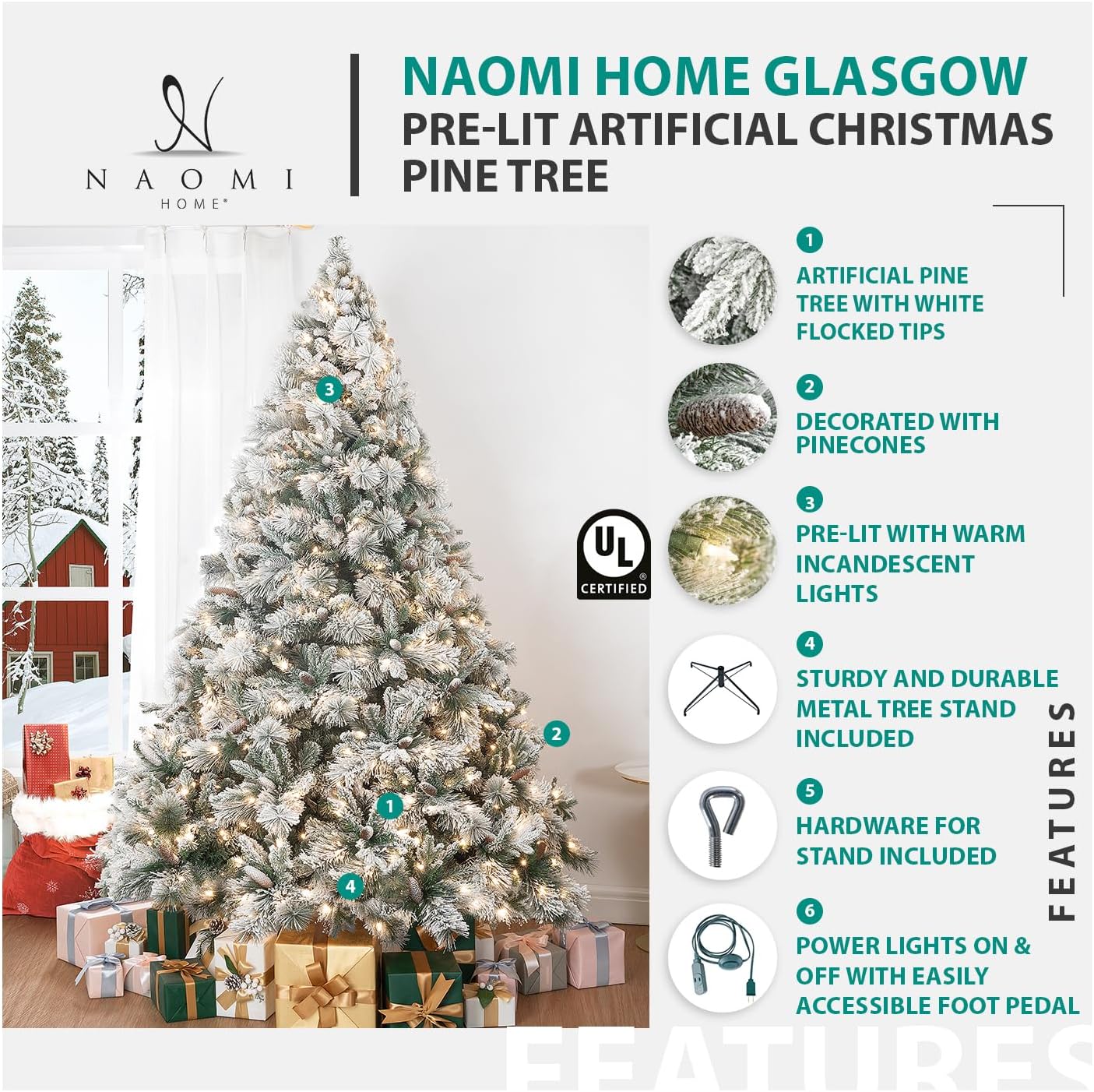Naomi Home 7 5ft Snow Flocked Christmas Tree with Lights Realistic Spruce Christmas Tree with Pine Cones Berries Foot Pedal 1346 Branch Tips 550 Warm Lights and Metal Stand Pre Lit Xmas