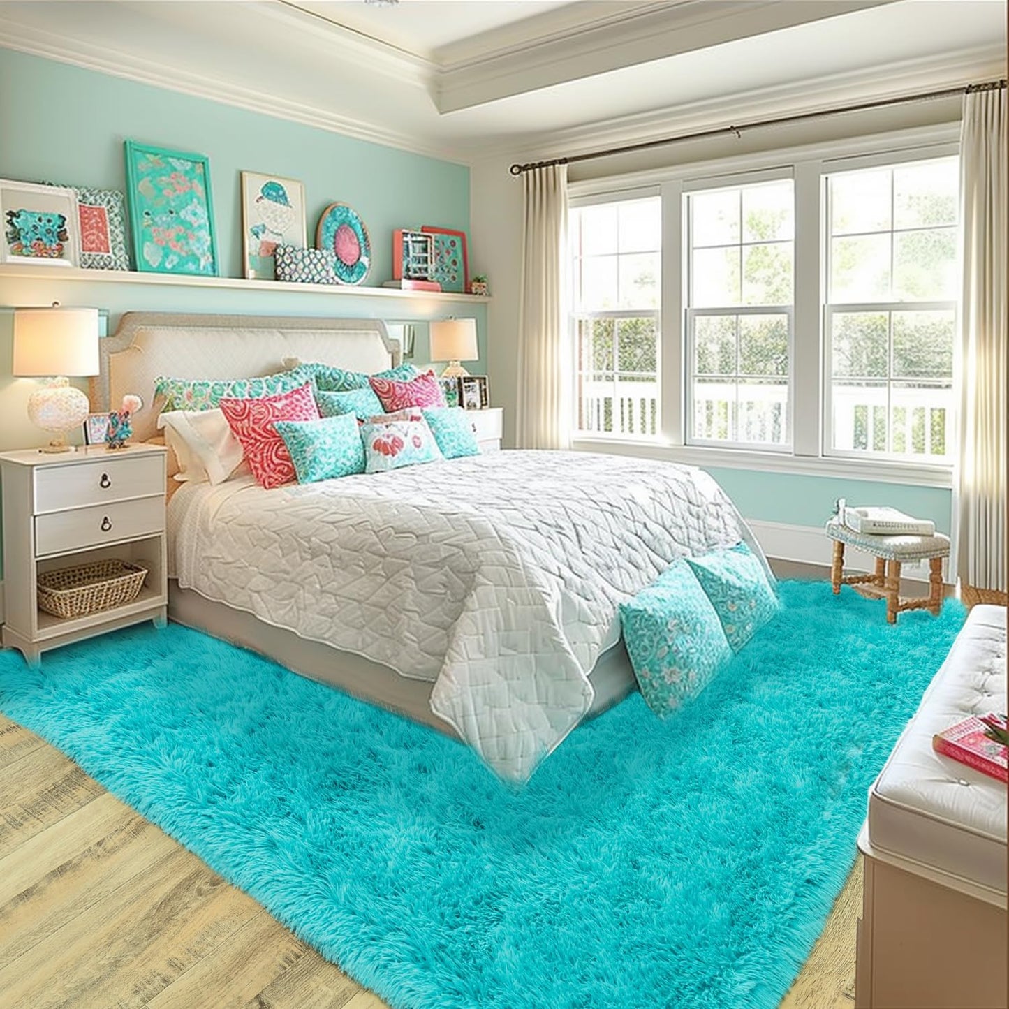 Rezutan Soft Fluffy Rug for Living Room Bedroom,Comfy Modern Large Shaggy Fuzzy for Kids Rug, Plush Indoor Nursery Classroom Home Decor Bedside with Non-Slip Bottom, Teal Blue, 8 X 10 Feet