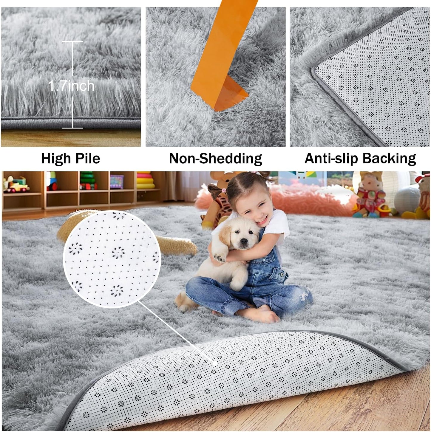Rezutan Fluffy Rug Runners 2x6, Super Soft Grey Tie-Dyed Bedside Runner Rug for Bedroom Girls, Non-Slip Hallway Decor