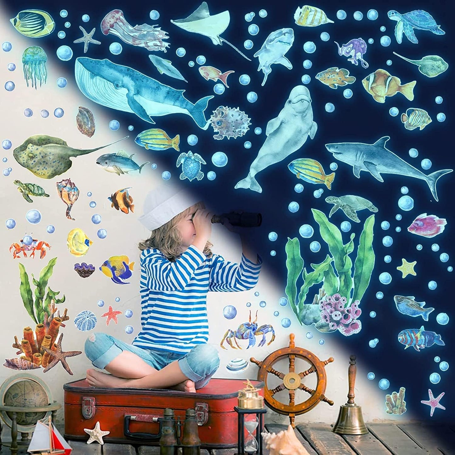 Glow in The Dark Fish Wall Decals, Under The Sea Wall Stickers Decals Decor Luminous Sea Life Animals Waterproof Stick Wall Decal for Kids Boys Bedroom Watercolor Ocean Creatures Decor
