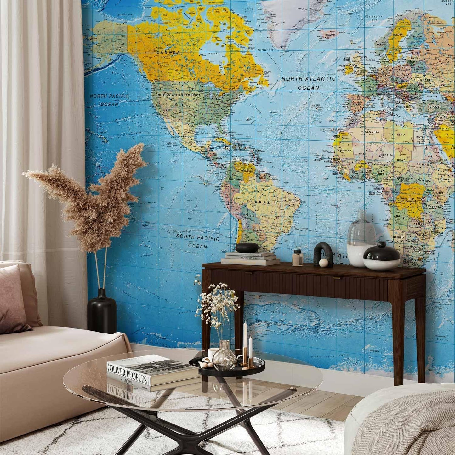 artgeist Premium Wall Mural World Map 157x110 in - XXL Non-Woven Wallpaper Fleece Wall Decor Photo Print Picture Image Design Home Map of The World k-A-0109-a-a