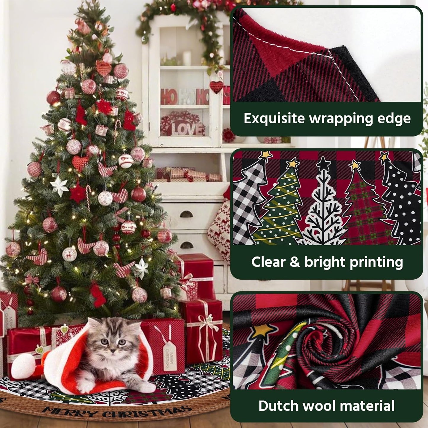 Christmas Tree Skirt 48 Inch, Red and Black Buffalo Plaid Xmas Tree Skirts, Winter Christmas Trees Mat for Home Party Holiday Indoor Outdoor Decorations