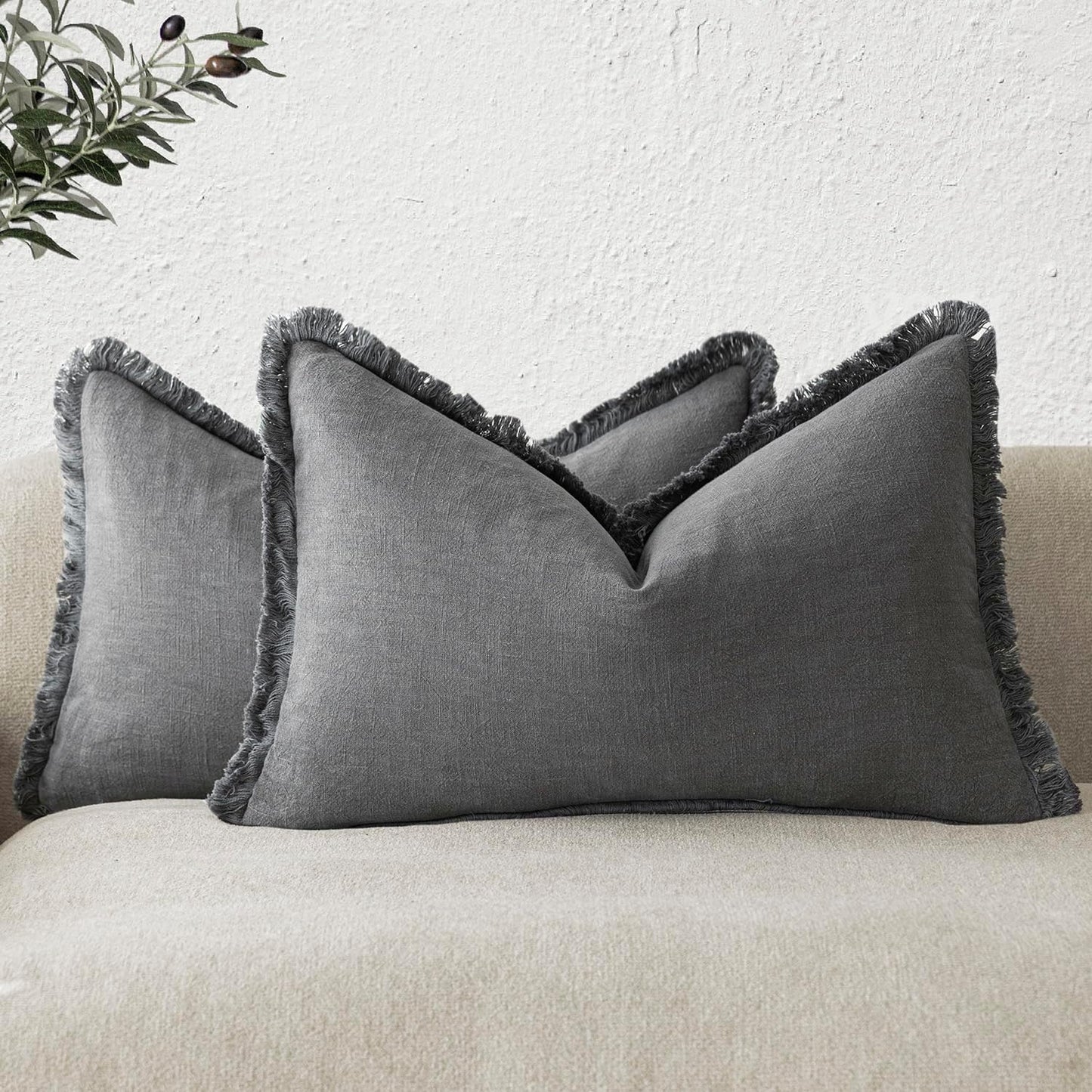 Foindtower Set of 2 Decorative Linen Fringe Throw Pillow Covers Boho Farmhouse Cushion Cover with Tassels Lumbar Accent Pillowcase for Couch Bed Sofa Living Room Home Bedroom Decor,12×24 Inch,Gray