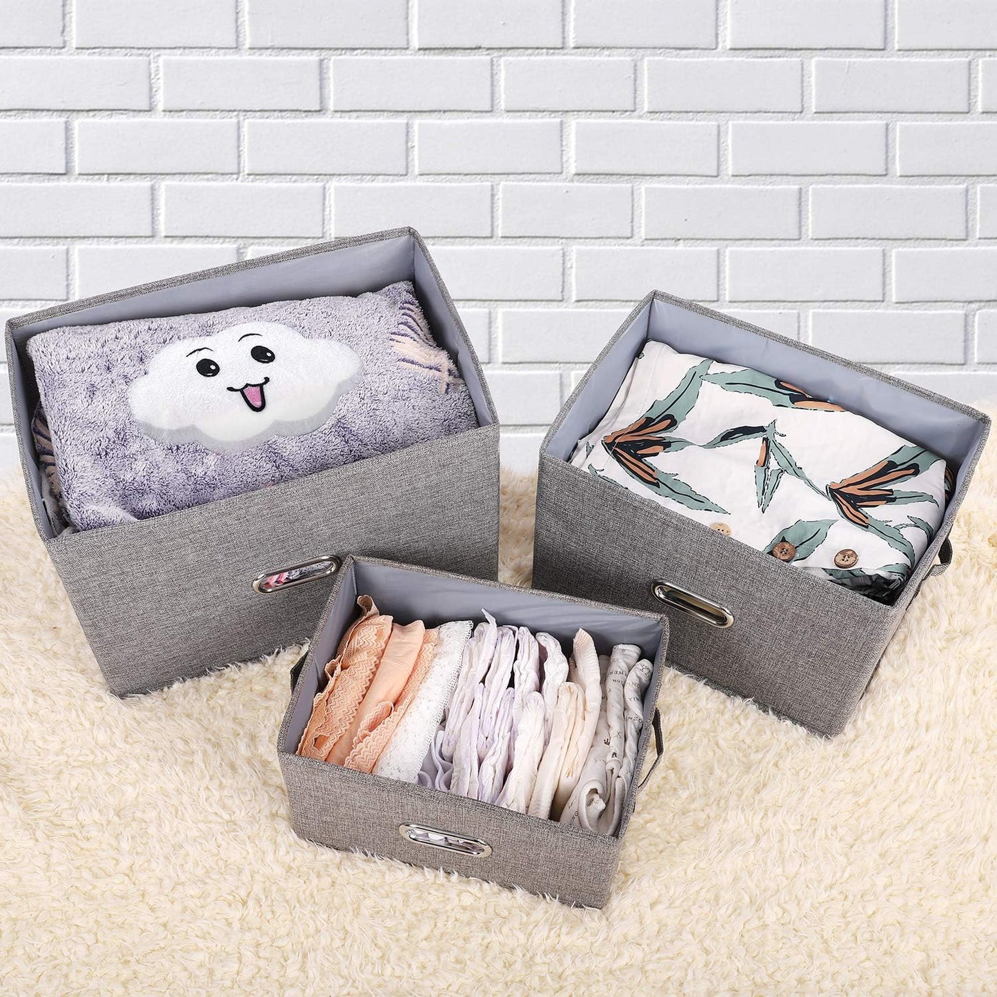 Linen Fabric Collapsible Storage Bins with Removable Lids and Handles, Washable Storage Box Containers Baskets Cube with Cover for Bedroom,Closet,Office,Living Room,Nursery (Grey, Small)