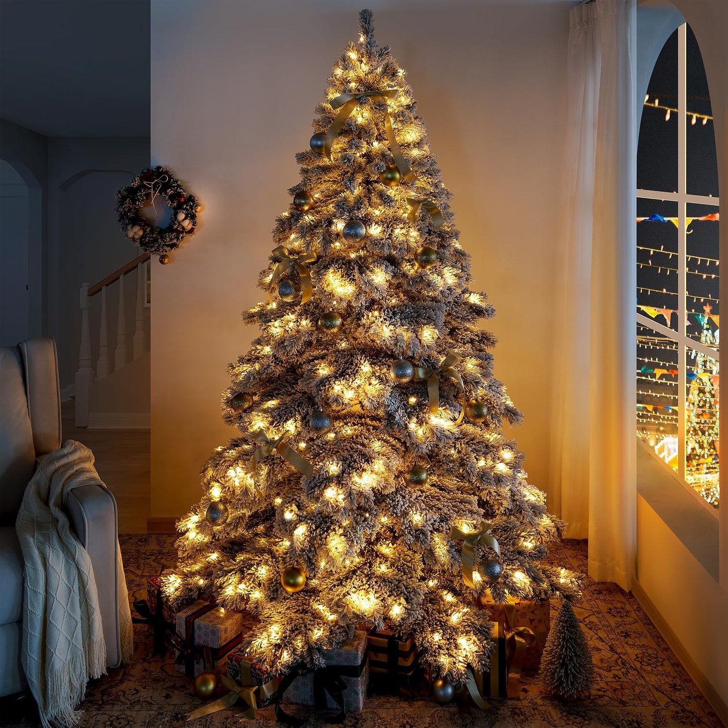 Naomi Home 6.5ft Snow Flocked Christmas Tree with Lights, Realistic Frosted Prelit with 892 Branch Tips, 450 Warm Lights and Metal Stand, Aritificial Tree
