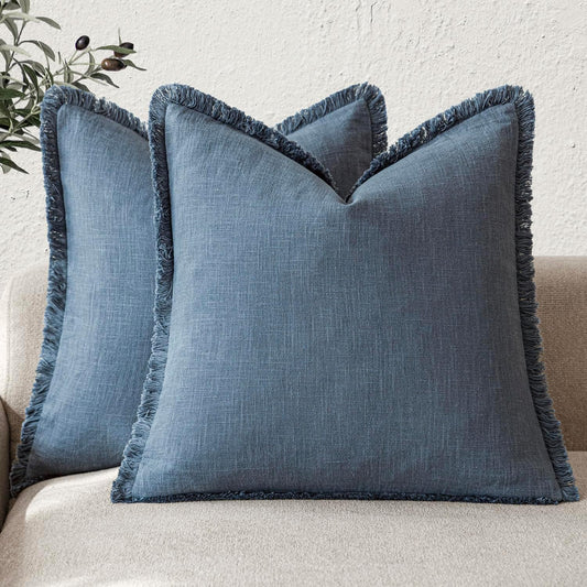 Foindtower Set of 2 Decorative Linen Fringe Throw Pillow Covers Cozy Boho Farmhouse Cushion Cover with Tassels Accent Pillowcase for Couch Sofa Bed Living Room Home Decor,26×26 Inch,Dark Blue
