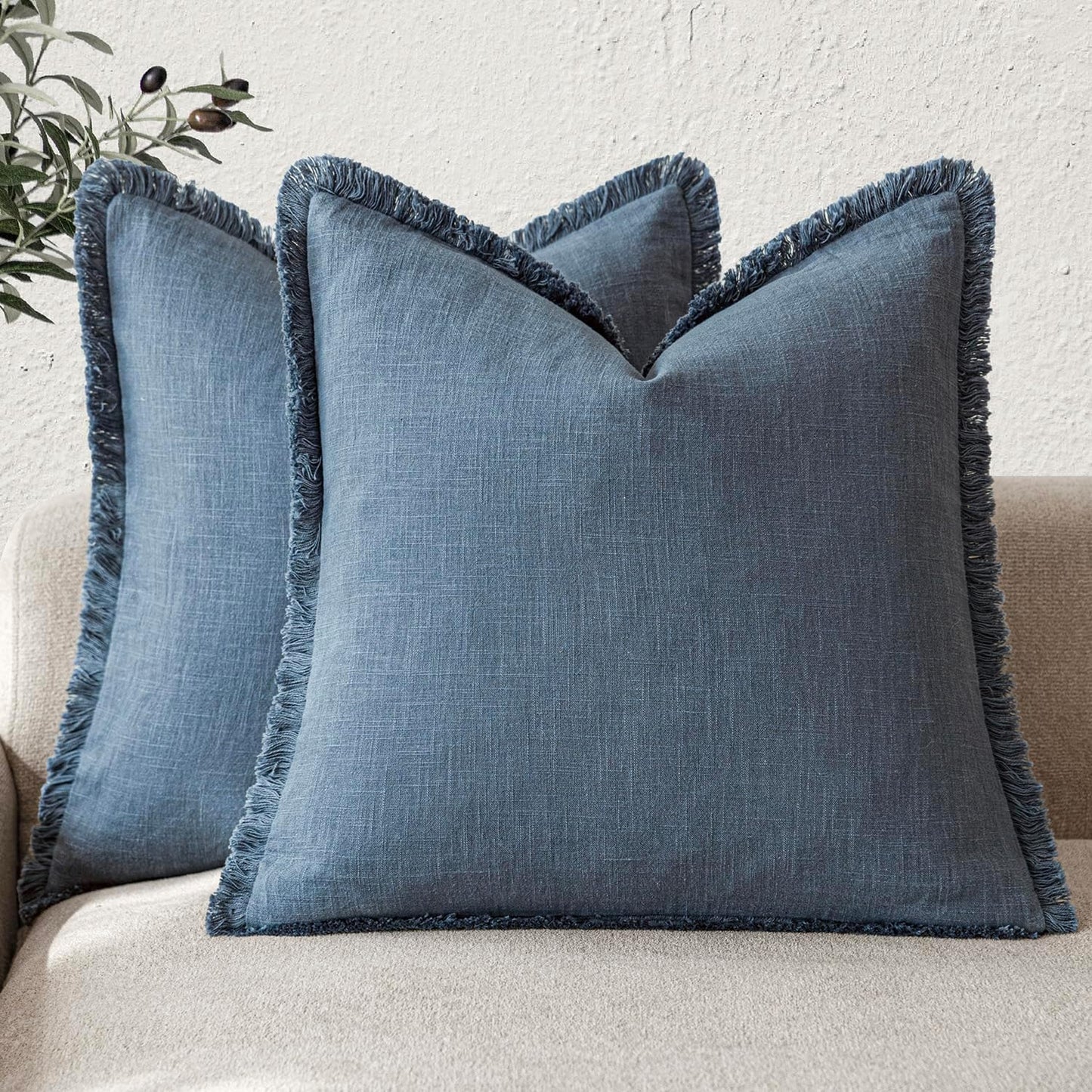 Foindtower Set of 2 Decorative Linen Fringe Throw Pillow Covers Cozy Farmhouse Cushion Cover with Tassels Accent Pillowcase for Couch Chair Sofa Bed Living Room Home Decor,18×18 Inch,Dark Blue