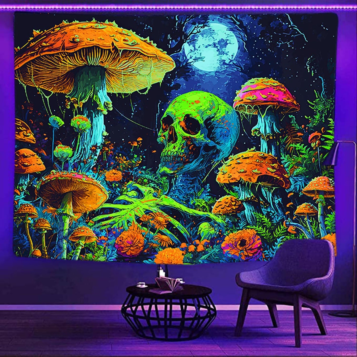 Xiaoput Blacklight Skull Tapestry, Black Light Skeleton, UV Reactive Neon Gothic for Men, Glow in Dark Trippy Forest Wall Hanging, 60X51IN