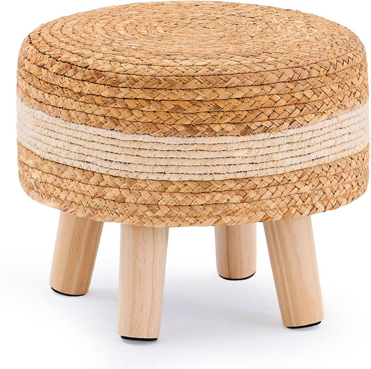 Handwoven Round Ottoman, Natural Water Hyacinth Outdoor Patio Pouf Seagrass Low Stool with Wood Legs, Soft Padded Footrest for Living Room Bedroom Garden, White