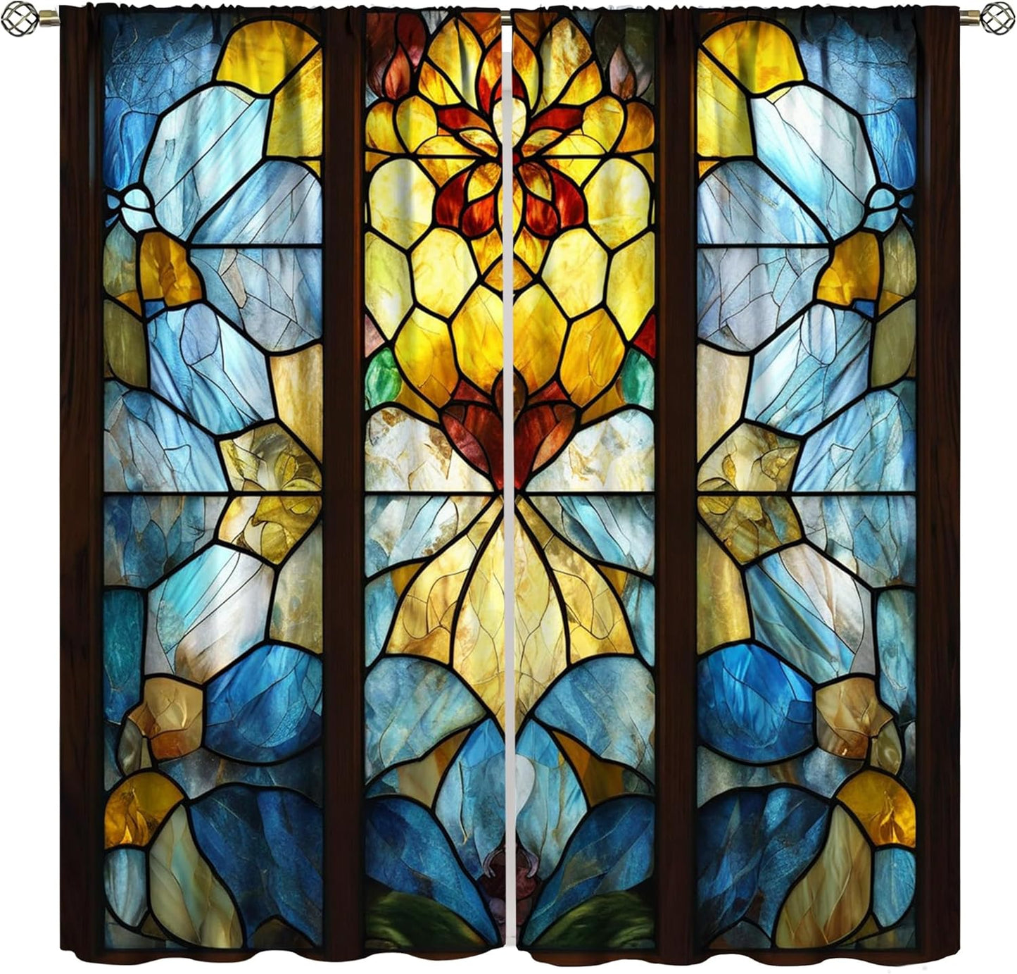 Stained Glass Curtains,Retro Abstract Colorful Art Home Decor Drapes for Bedroom Living Room Kitchen Window Treatment 2 Panels Set Total Size 42" W X 63" L Inch