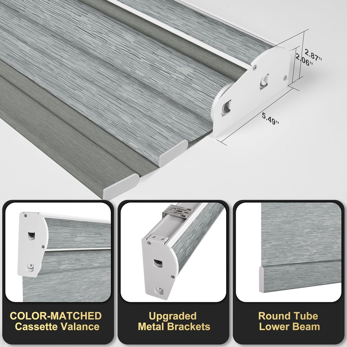 BERISSA Cordless Dual Roller Shades With Cassette Valance, Double Window Blackout and Light Filtering, Day and Night for Home Office Door - Striped Jacquard Grey, 70 W x 86" H