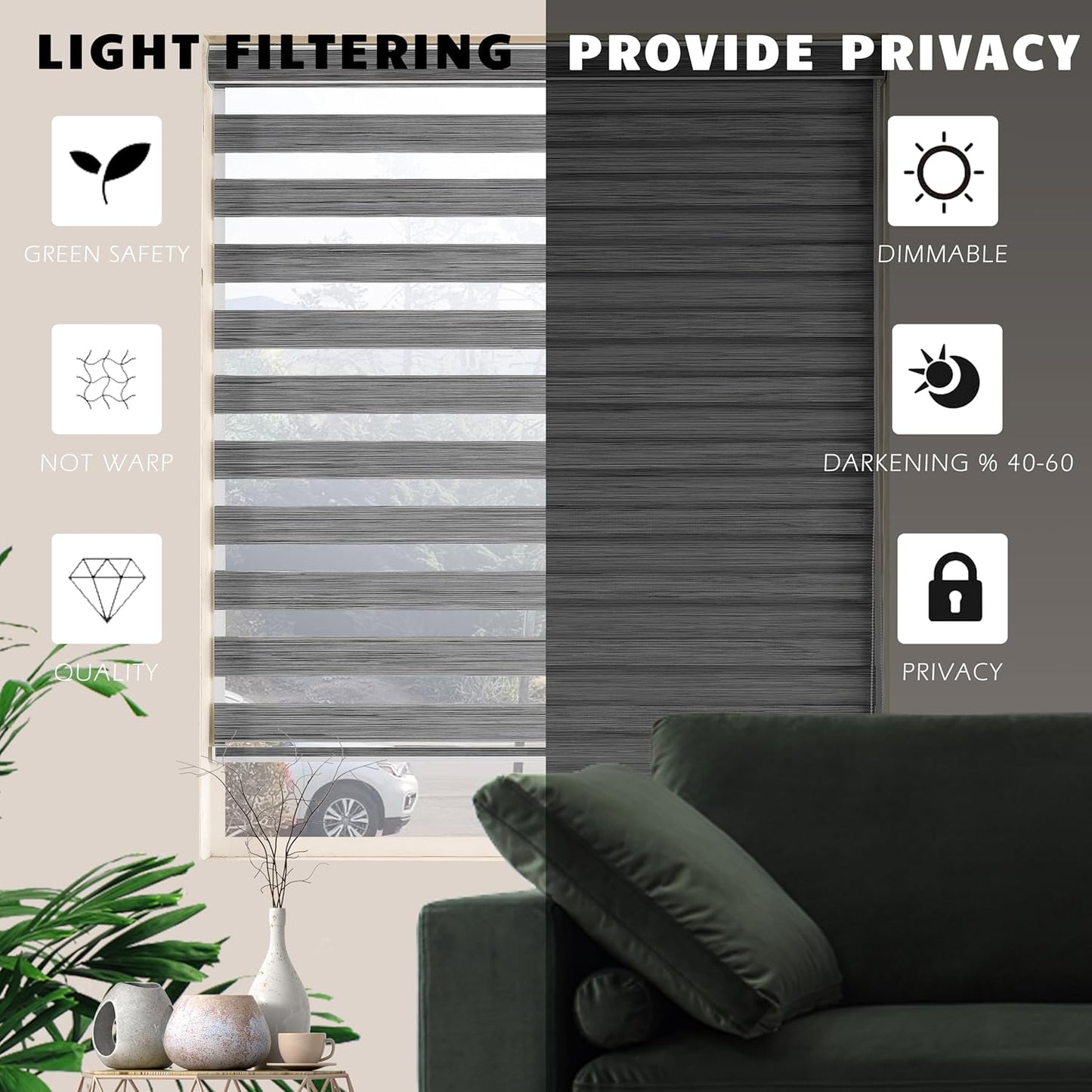 Zebra Blinds Window Blind Zebra Shade Blinds for Windows Roller Sheer Shades Privacy Light Filtering Shades for Home Kitchen Bathroom (Width 53'' X Height 72'' Grey)