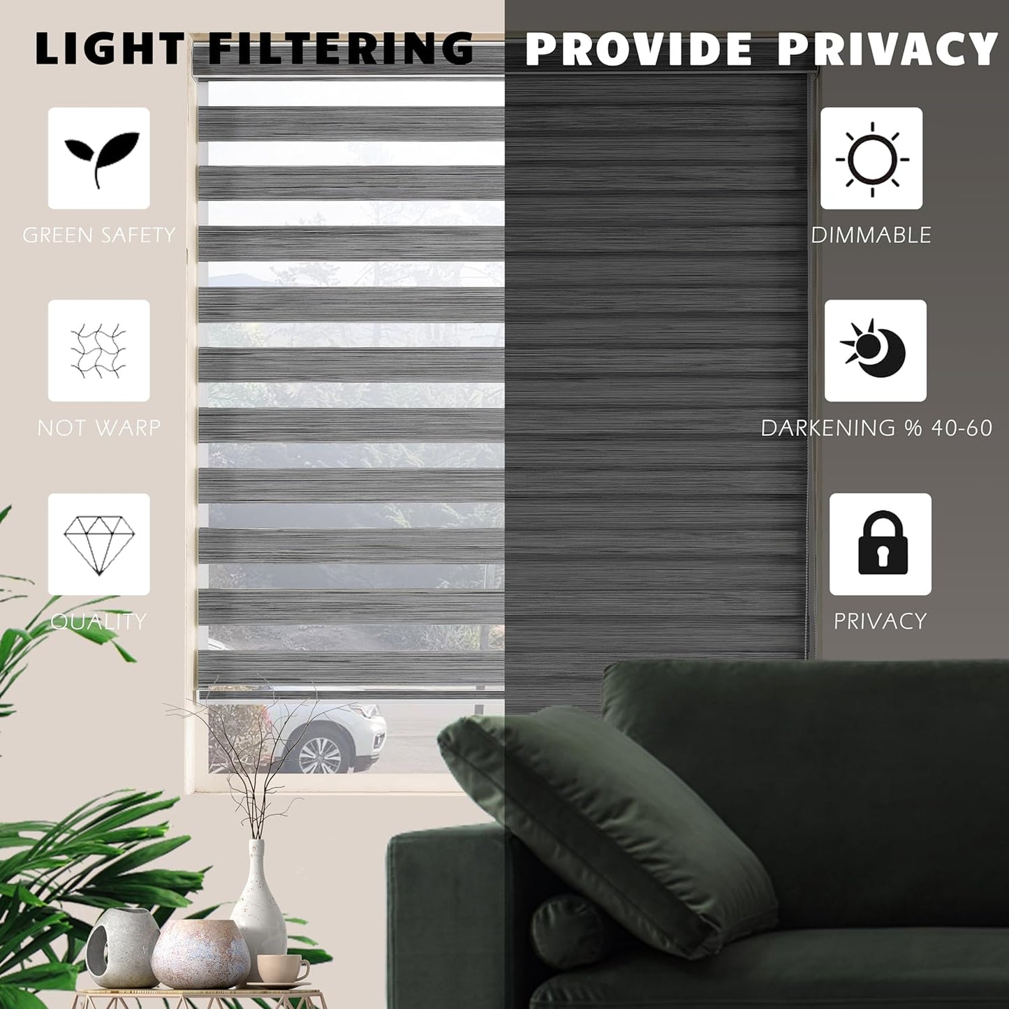 Custom Cut Size Zebra Blinds for Indoor Windows Dual Layer Free-Stop Window Shades Light Filtering Privacy Roll up Down Blinds Easy to Install (Custom Size Grey Color)
