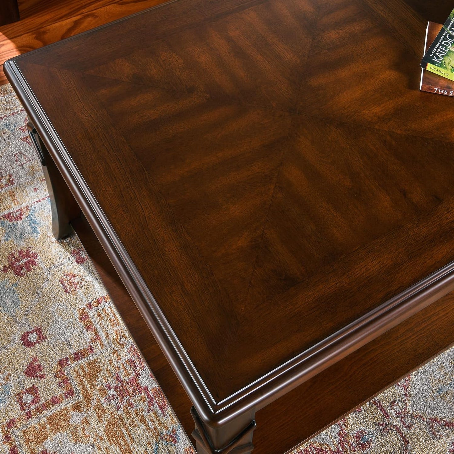 Solid Wood Coffee Table with Storage Shelf, Mid-Century Living Room Tables with Carved Tabletop and Leg, 43.3” Splicing Cocktail Center Sofa Table, Cherry Brown KFZ-DR200