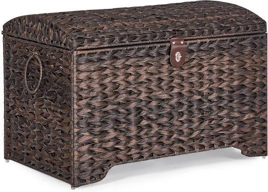 Handwoven Storage Basket with Lid, 178L Plastic Rattan Storage Bin, Leather Buckle & Metal Frame, Large Metal Ring Handles, Storage Trunk for Bedroom, Laundry Room