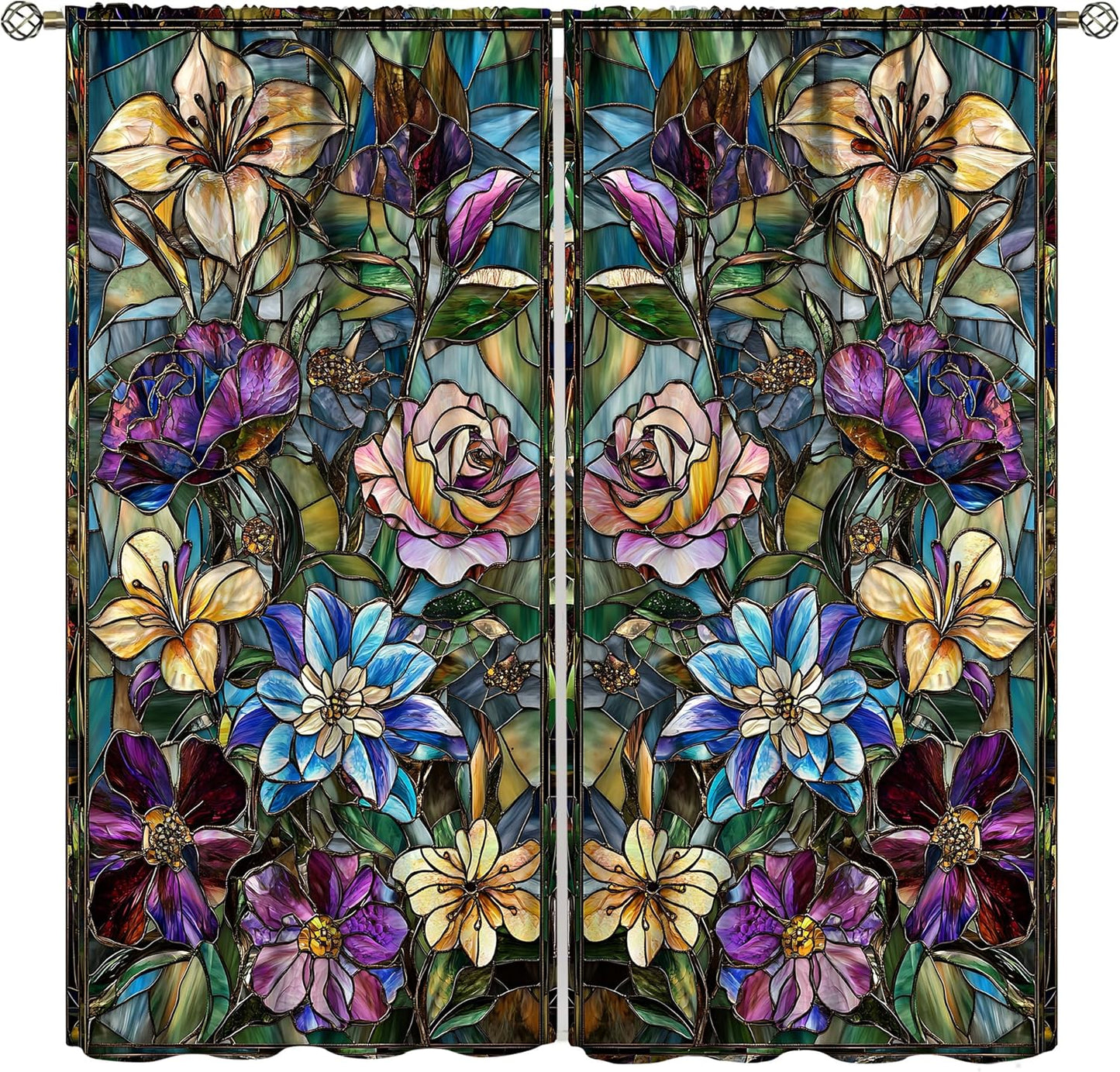 Stained Glass Curtains,Retro Colored Glass Flowers Art Home Decor Drapes for Bedroom Living Room Kitchen Window Treatment 2 Panels Set Total Size 63" W X 63" L Inch