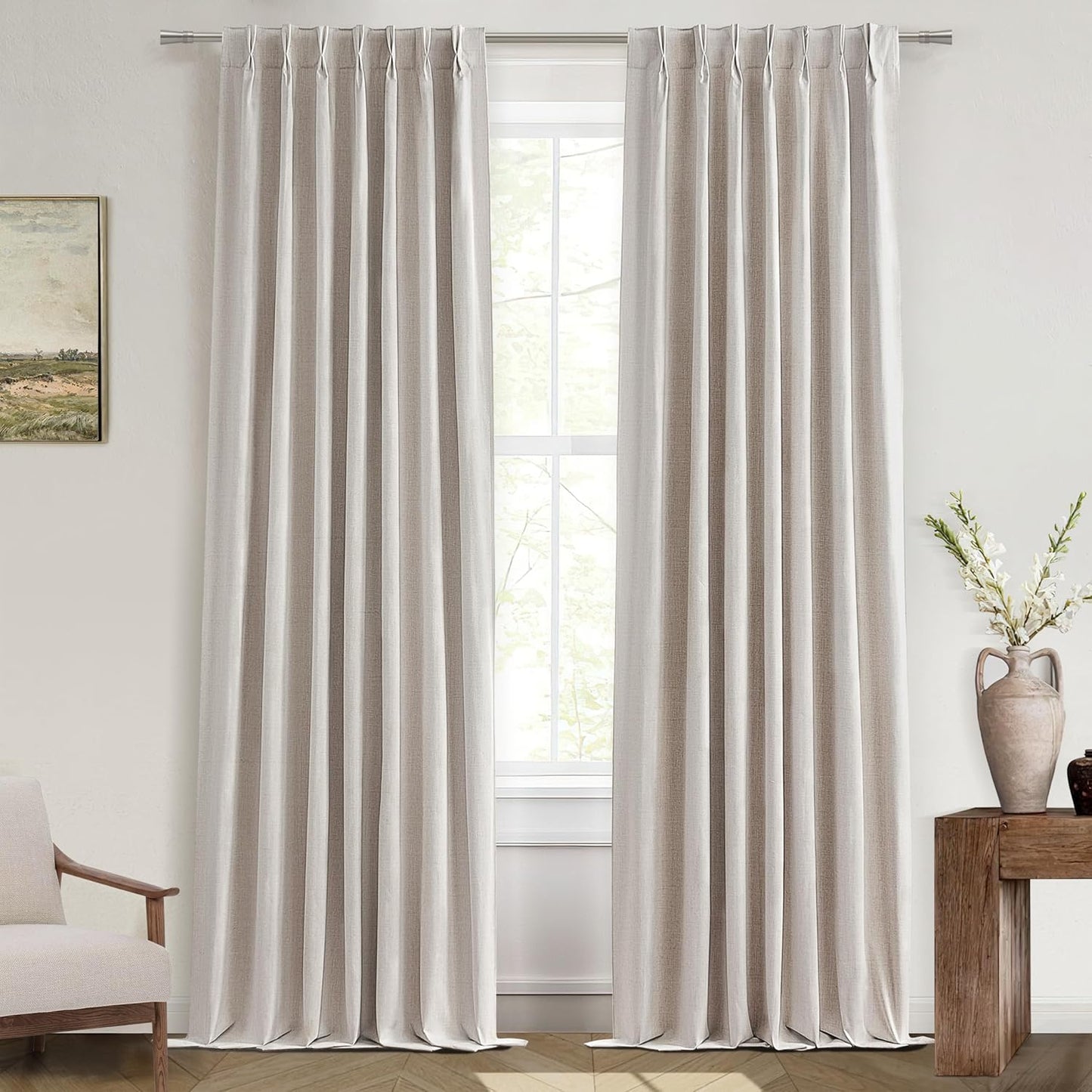 Linen Curtains 120 Inches Long for Bedroom, Ceiling Mount Track Curtains with Back Tab Pinch Pleated Blackout Drapes for Sliding Glass Patio Doors Inside 10 ft Large Window Farmhouse 2 Panels