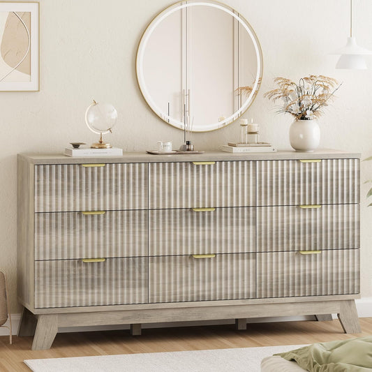 Fluted Dresser for Bedroom with 9 Drawers, 57" Wide Modern Chest of Drawers with Metal Handle, Wooden Dresser TV Stand, Wood Closet Clothes Storage Organizer for Living Room, Hallway, Grey
