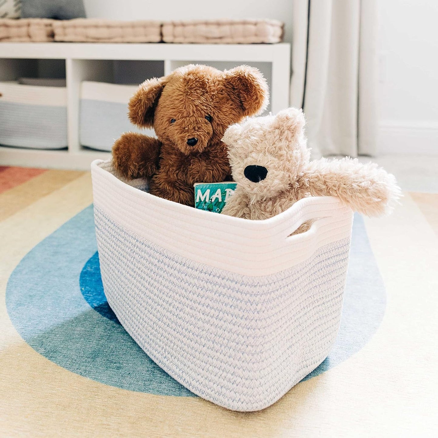 OrganiHaus Set of 3 Woven Storage Baskets for Organizing, Cotton Rope Organizer Bins for Shelves, Closet & Nursery, Dog Toy Basket, Decorative Bins for Toys, Towels & Books - 15x10x9, Blue/Off-White