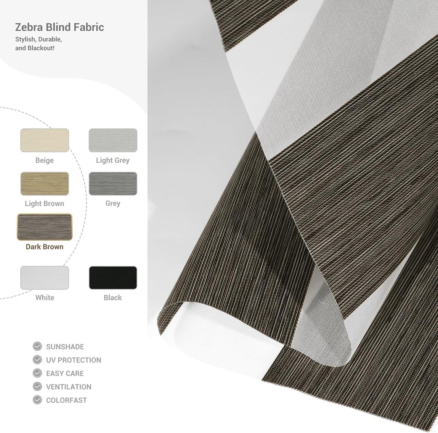 Cordless Zebra Blinds for Windows, Blackout Interior Blinds,Easy to Install,UV Protection,for Offices and Home,Custom Roller Shades, Mousse Dark Bown,71" W x 48" H