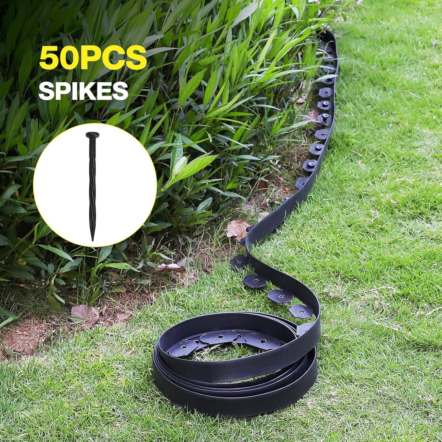 MIXC 33ft, 1.5in Tall Landscape Edging Kit with 50 Spikes, No-Dig Flexible Plastic Edge Border for Landscaping, Lawn, Garden, Flower Beds, Yard, Paver, Playground, Fence, Pathway, Black,1pack,33ft