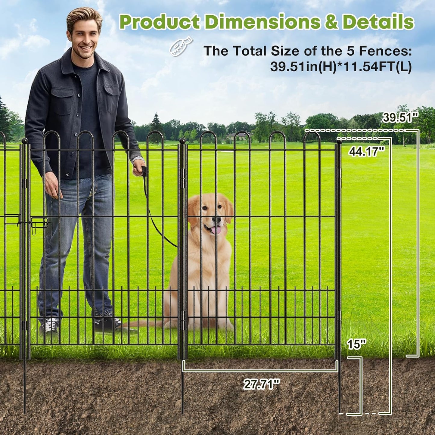 5 Panels Decorative Garden Fence with U-Shape and Latch Gate, 39.51in (H) X 11.54ft (L) Dog Fence Outdoor for Yard Security, Garden Fencing Includes Deep Stakes