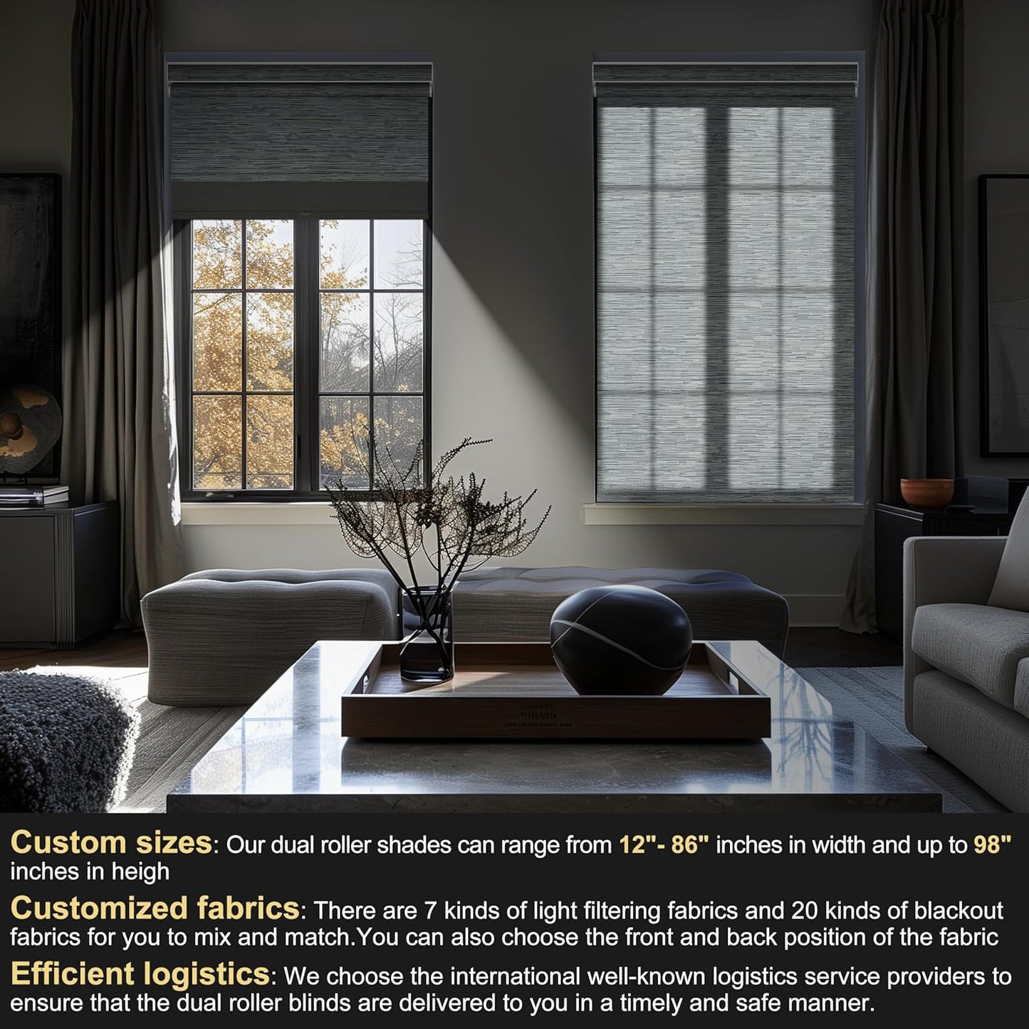BERISSA Cordless Dual Roller Shades with Cassette Valance,Double Window Shades Blackout and Light Filtering Shades,Day and Night Roller Shades for Home Office Door.Striped Jacquard Grey.48 W x 36" H