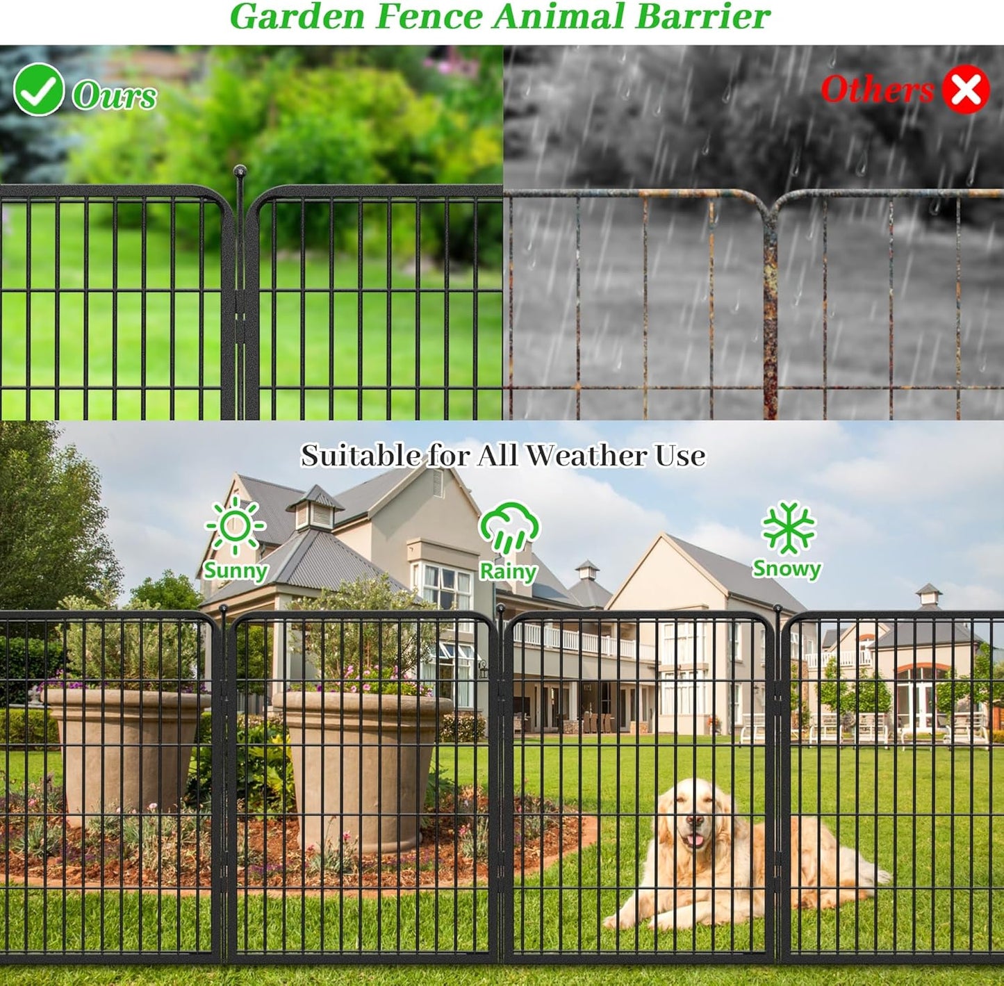 Decorative Black Metal Fencing Garden Fence with Gate, 46ft(L) 32in(H) 20 Fence Panels No Dig Fence Rustproof Animal Barrier Fence Temporary Dog Panels Fencing Outdoor