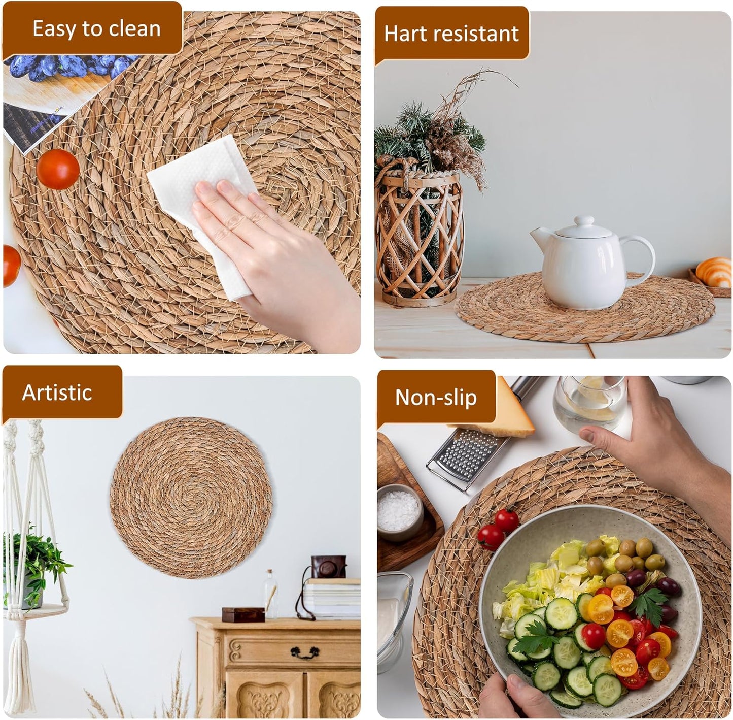 Defined Deco Woven Placemats Set of 10, 13" Round Rattan Placemats,Natural Hand-Woven Water Hyacinth, Farmhouse Weave Place Mats, Rustic Braided Wicker Table Mats for Dining Table, Home, Wedding