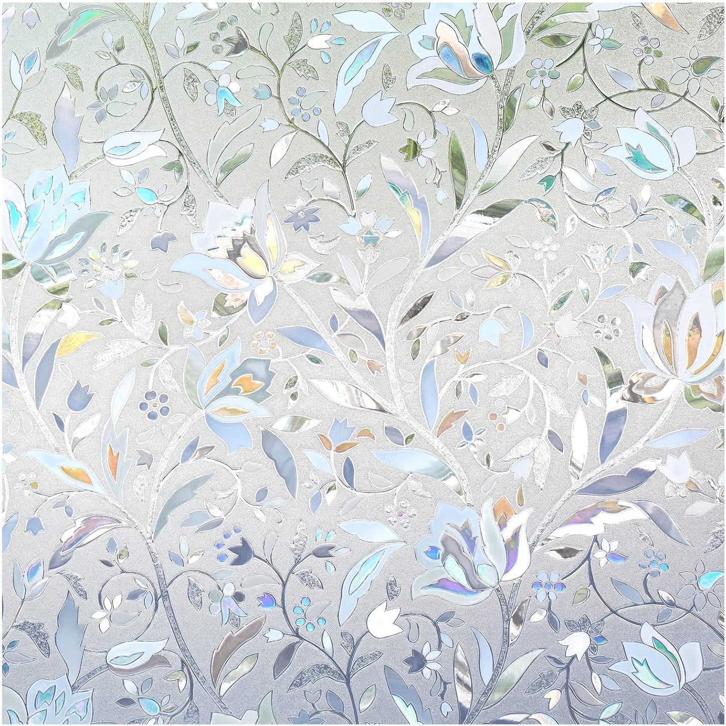 DOWELL Window Privacy Film, 3D Stained Glass Rainbow Films, Decorative Window Vinyl Sun Blocker Door Covering, Static Cling Non-Adhesive Glass Sticker for Home, Blooming Flowers, 23.6"x157.4"