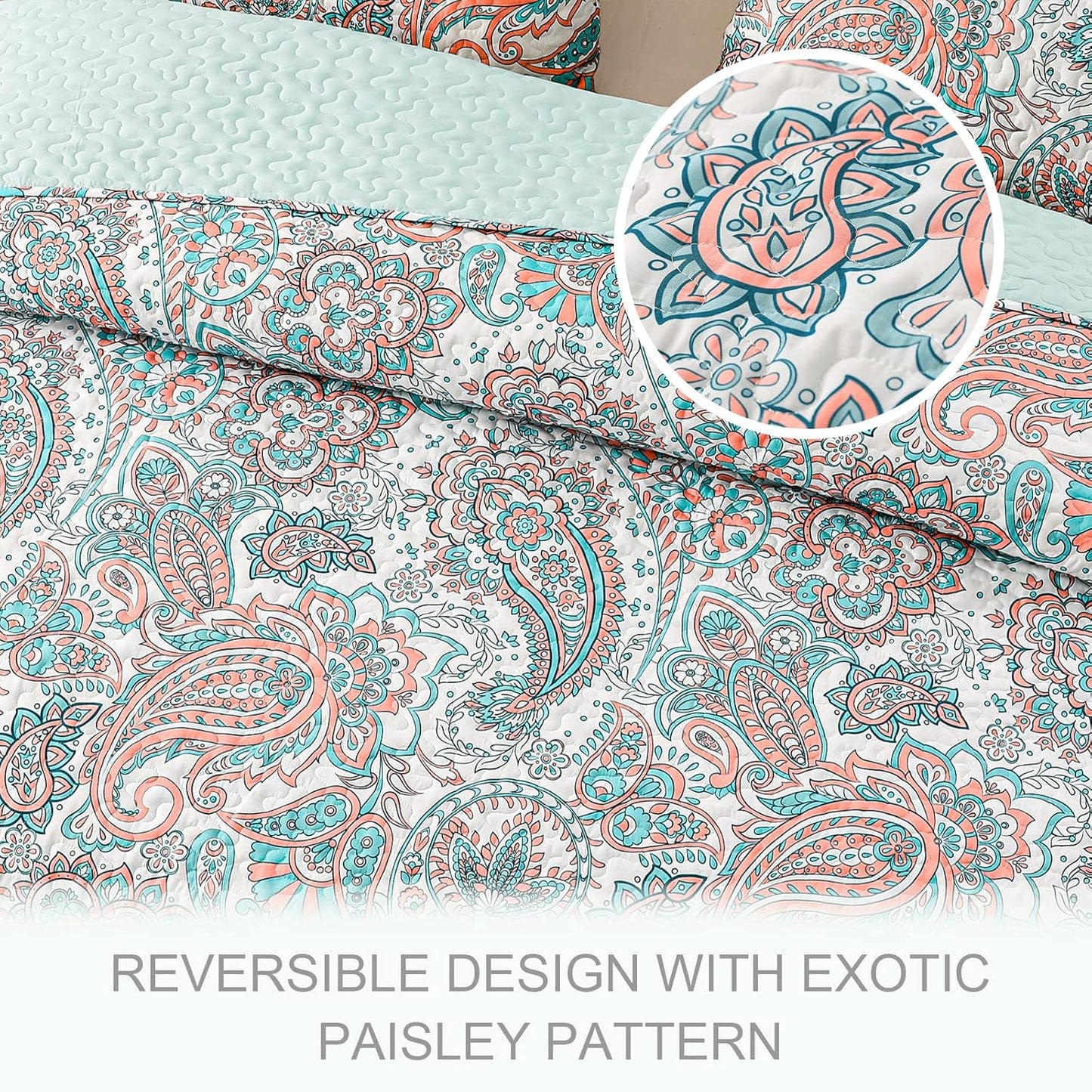 Exclusivo Mezcla Reversible Boho Quilt Set Queen Size, 3 Pieces Paisley Aqua All Season Bedspreads, Ultra Soft Floral Coverlet Bedding Set with Printed Pattern (1 Quilt, 2 Pillow Shams)