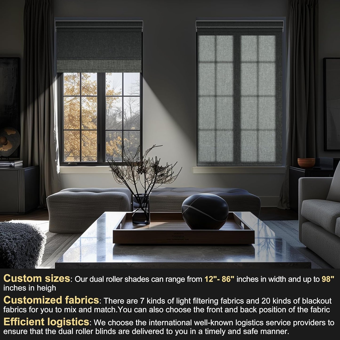 BERISSA Dual Roller Shades with Cassette Valance, Double Blackout and Light Filtering Shades, Day and Night for Home Office Door. Linen Grey. 59 W x 56" H