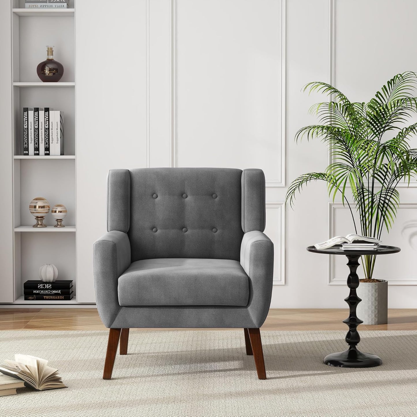UIXE Accent Chair, Velvet Upholstered Armchair for Living Room, Modern Club Arm Chairs Comfy Single Sofa Button Tufted Bedroom Reading Seat - Gray, Set of 4