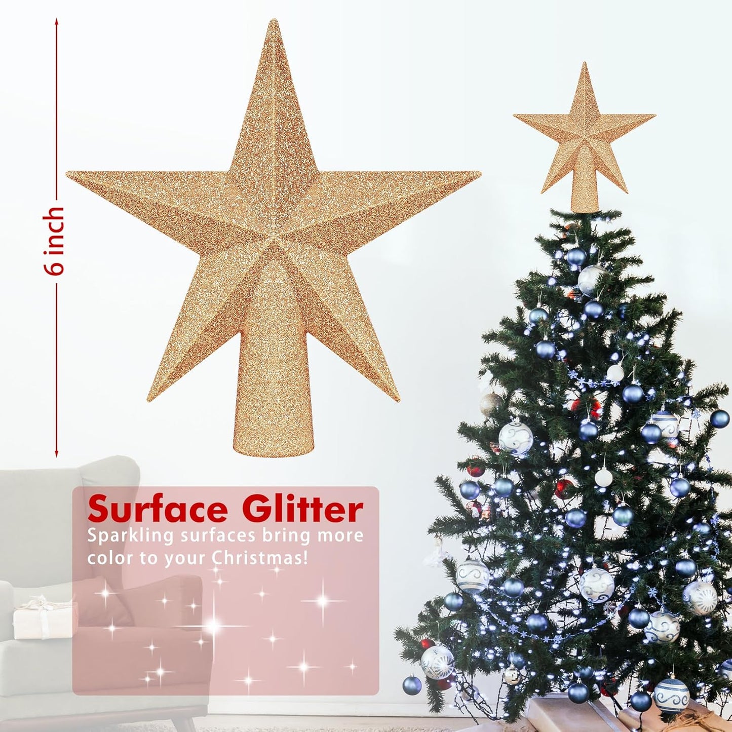 Christmas Tree Decoration, 6" Champagne Christmas Tree Topper Star Accessories, Xmas Glitter 3D Bethlehem Tree Ornament, Waterproof Holiday Christmas Tree Topper Star Decorations for Home Decor