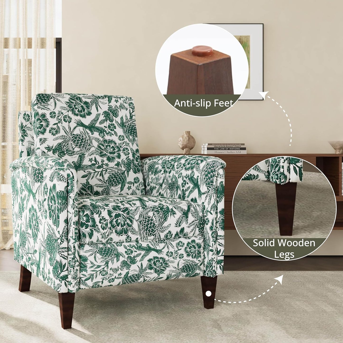 Floral Accent Chair, High Back Upholstered Armchair with Solid Wooden Legs, Padded Armrest and Removable Comfortable Cushioned Seat Single Sofa for Living Room, Bedroom, Green
