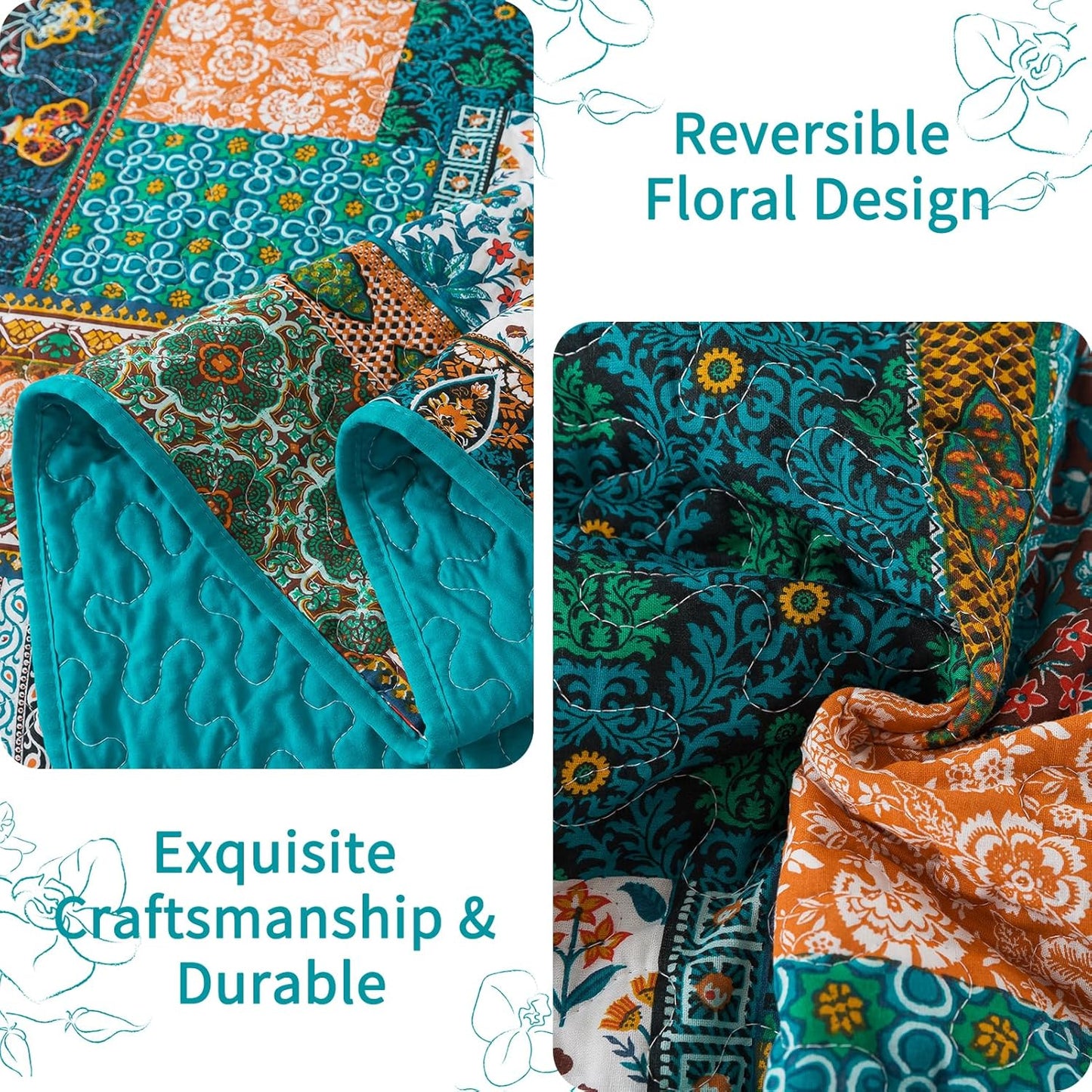 VAPUTAR Cotton Quilt Queen Size Bedding Set - 3 Pieces Farmhouse Queen Size Quilts for Bed, Lightweight Vintage Coverlets Bedspreads for Bedroom
