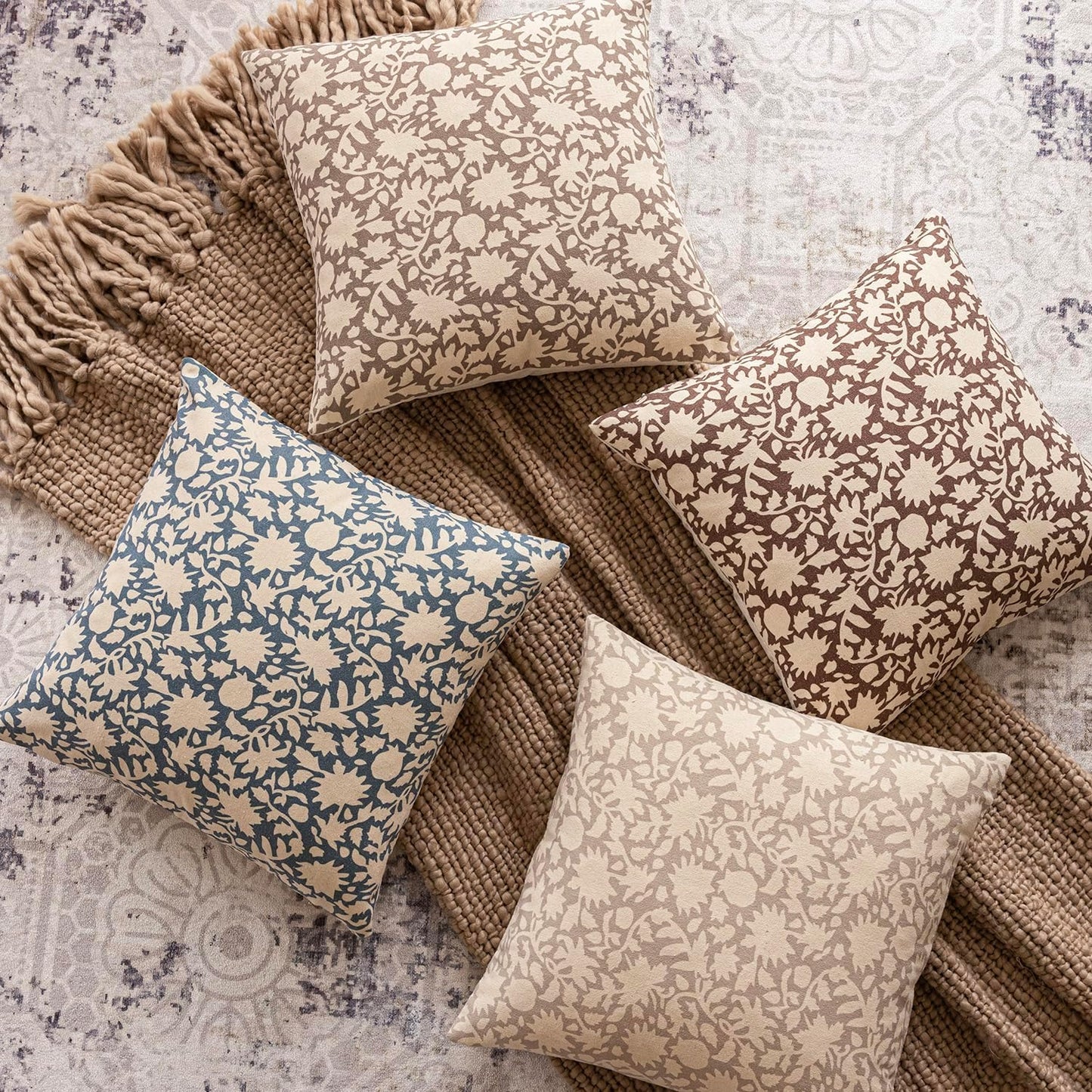 Foindtower Set of 2 Decorative Neutral Floral Throw Pillow Covers Accent Farmhouse Cushion Covers Boho Vintage Pillowcase for Couch Sofa Bedroom Living Room Home Decor Outdoor,22×22 Inch,Dusty Blue
