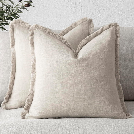 Foindtower Set of 2 Decorative Linen Fringe Throw Pillow Covers Cozy Boho Farmhouse Cushion Cover with Tassels Soft Accent Pillowcase for Couch Sofa Bed Living Room Home Decor, 22×22 Inch, Beige