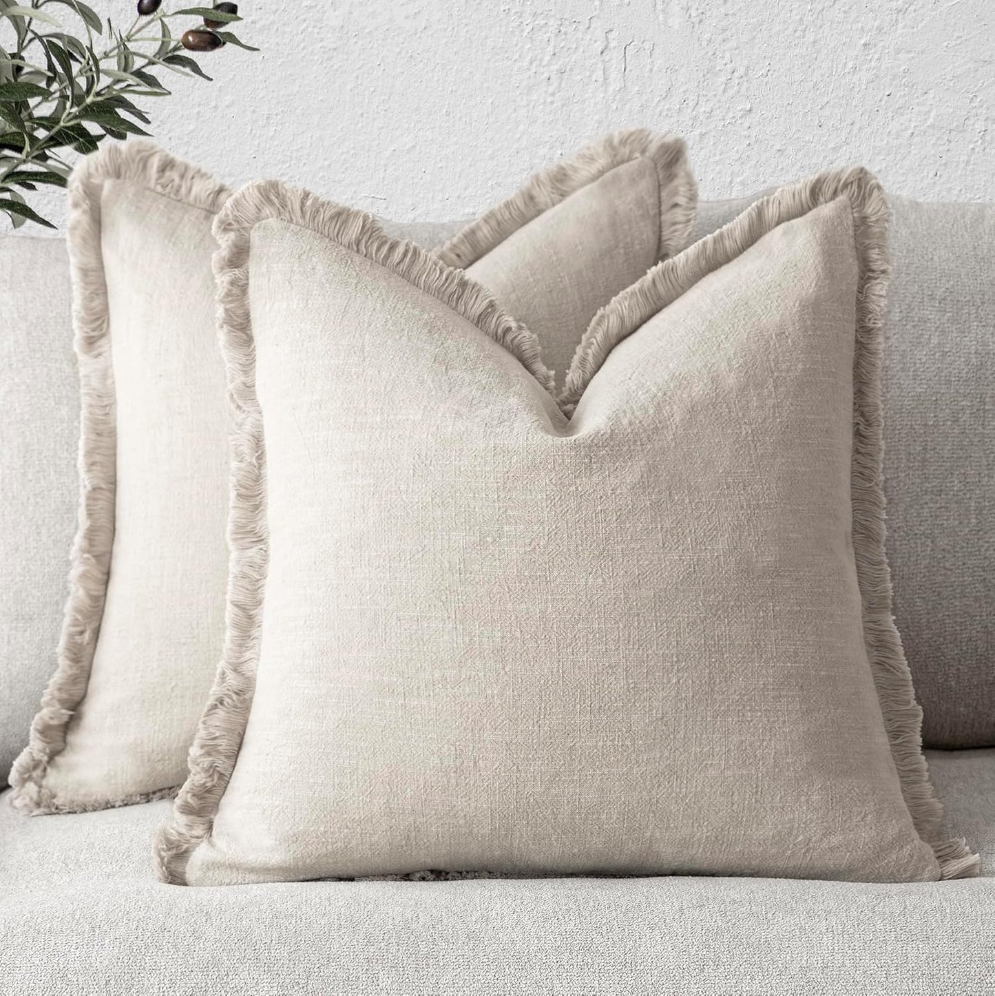 Foindtower Set of 2 Decorative Linen Fringe Throw Pillow Covers Cozy Farmhouse Boho Cushion Cover with Tassels Soft Accent Pillowcase for Couch Sofa Bed Living Room Home Decor 20×20 Inch Beige