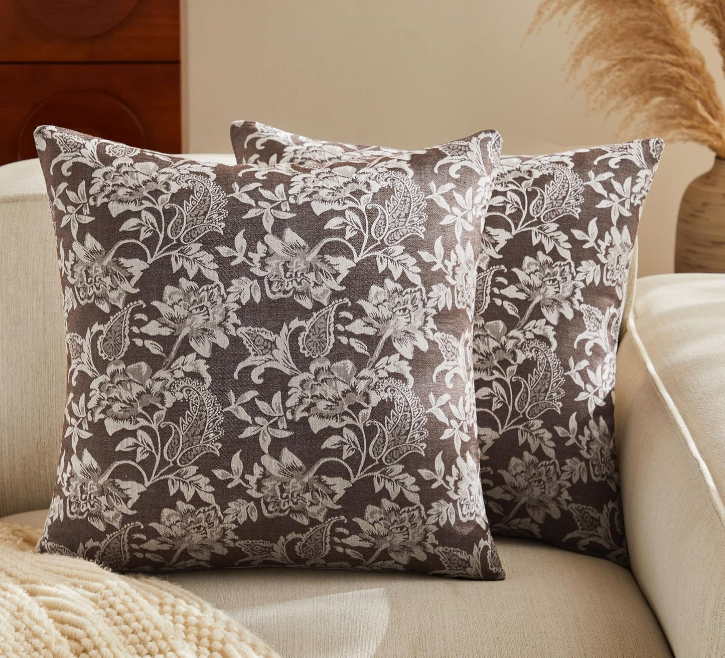 Floral Jacquard Throw Pillow Covers Set of 2, Background/Chocolate 24x24 Inch, Farmhouse Decorative Cotton Dark Brown Cushion Covers for Sofa Bed Living Room Home Decor
