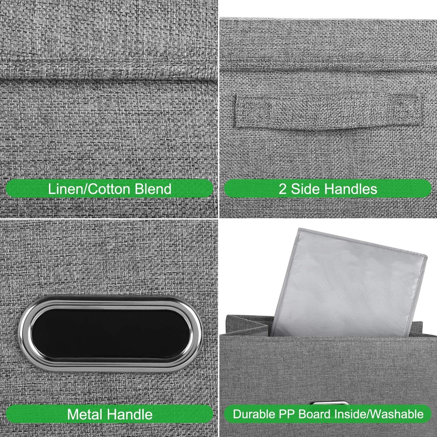 Large Linen Collapsible Storage Bins with Removable Lids and Handles, Washable Storage Box Containers Baskets Cube with Cover for Bedroom,Closet,Office,Living Room,Nursery (Grey, Large)