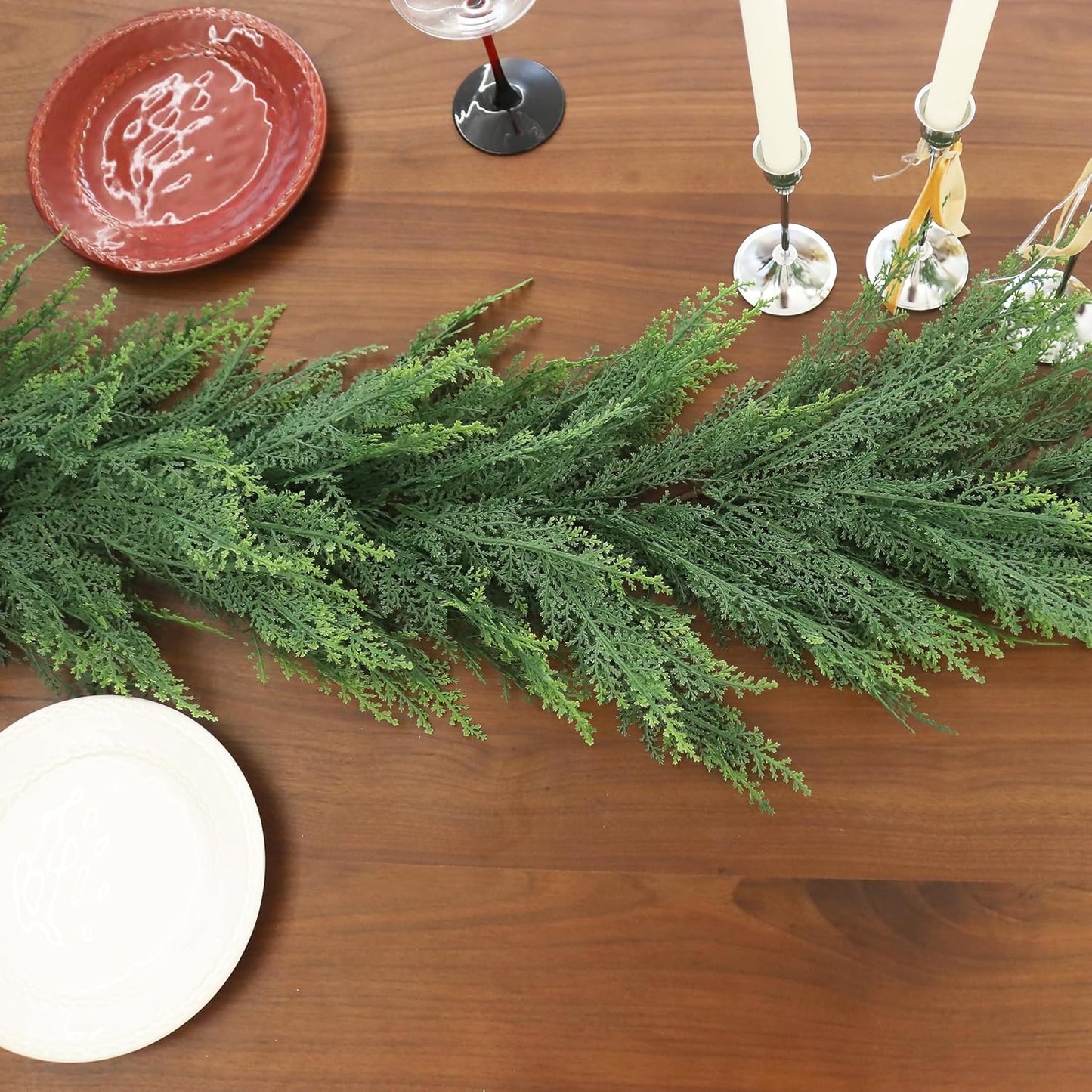 Christmas Cedar Garland Full Real Touch Artificial Green Faux Cypress Realistic Pine Garland for Mantle Fireplace Table Home Decoraiton 5FT