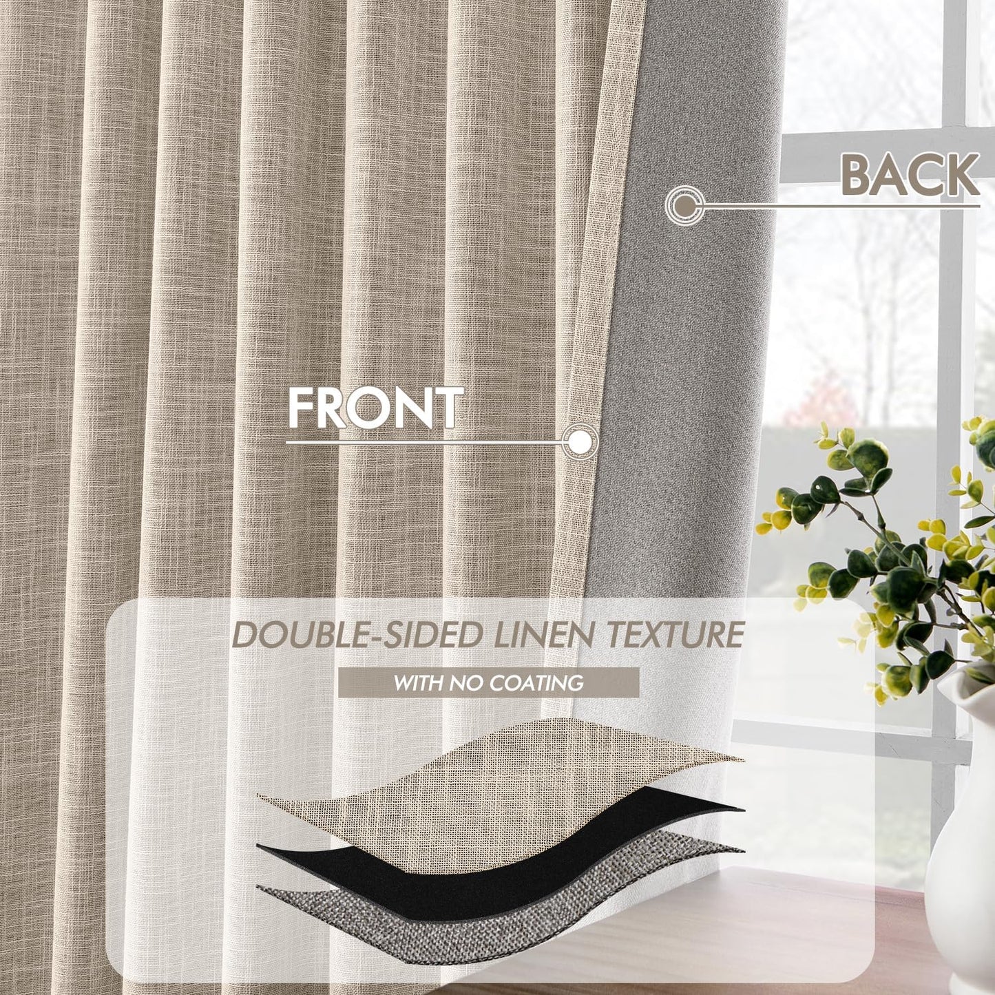 MIULEE Beige 100% Blackout Linen Curtains 120 Inch 2 Panels Set Double Sided No Coating Pinch Pleated Back Tab Black Out 10 FT Extra Long Thermal Insulated Bedroom Living Room Darkening Window Drapes