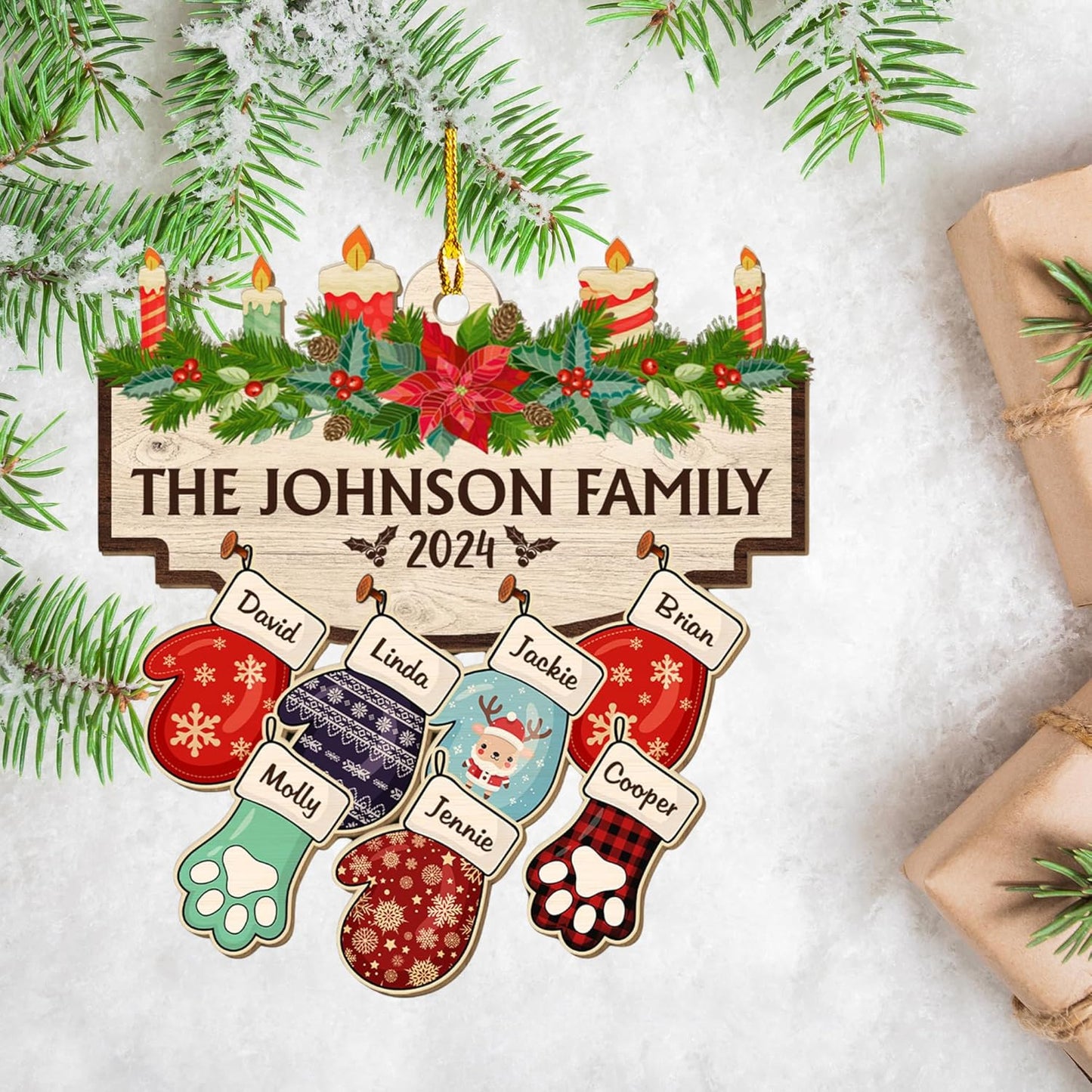 Family with Pet Ver 2 - Personalized Custom Wood Ornament, Family Gloves Christmas Ornament 2024, Xmas Ornament Gifts for Family Tree Decoration (A06, 3 Names)