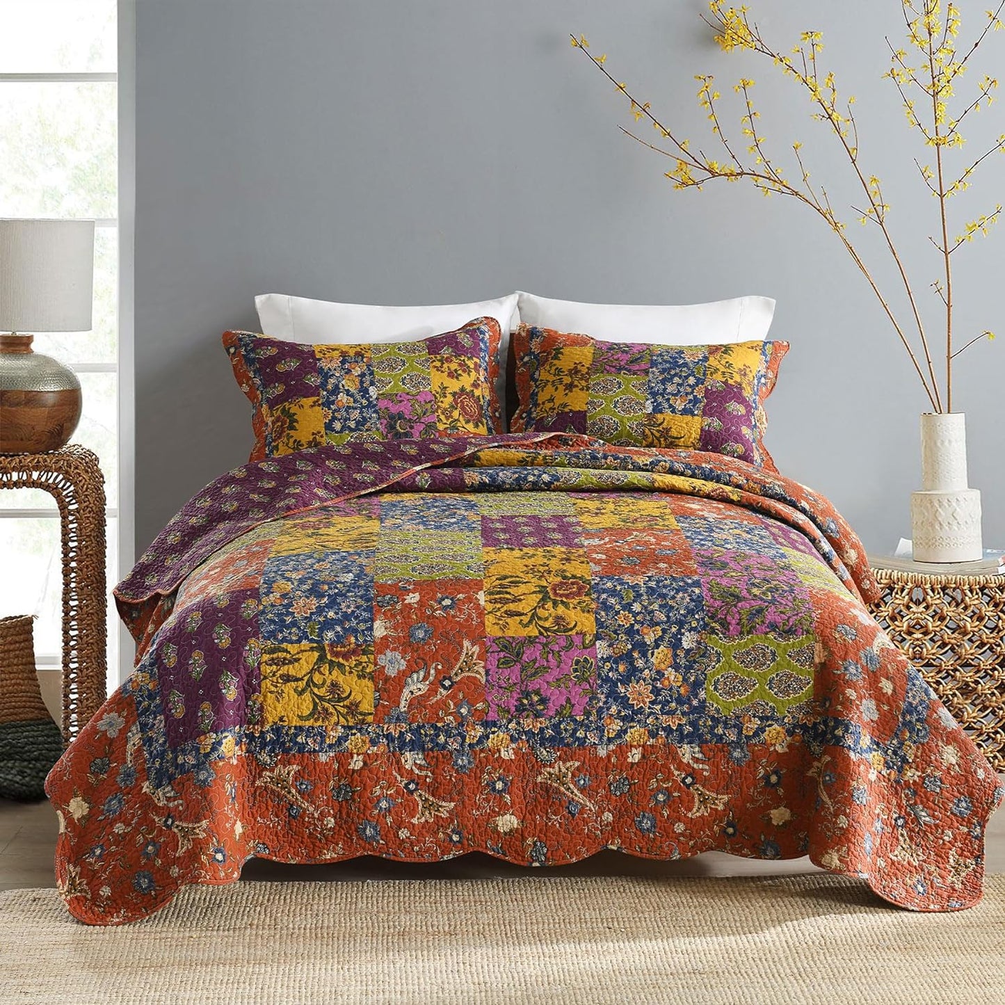 Secgo King Size Comforter Set- 100% Cotton Quilt King Size Set, Green, Sage bedspreads (96 * 108 Inch) with 2 Pillow Shams, Patchwork Reversible Lightweight Bedding