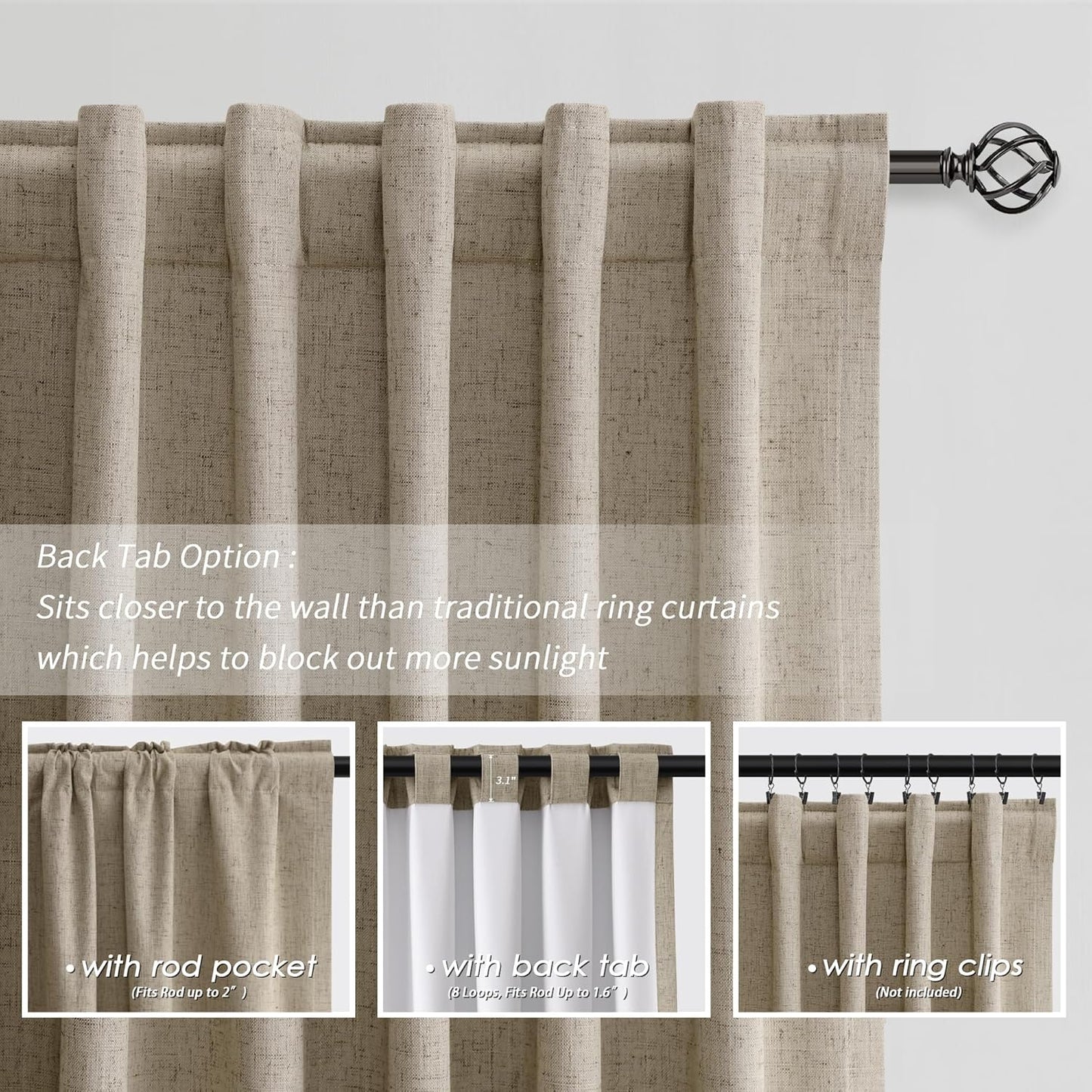 BOODII 63 Inch Blackout Curtains Linen Black Out Curtains for Bedroom 2 Panels Set Neutral Room Darkening Curtain Khaki Thermal Insulated Curtain for Nursery Window Drapes Back Tab 52x63