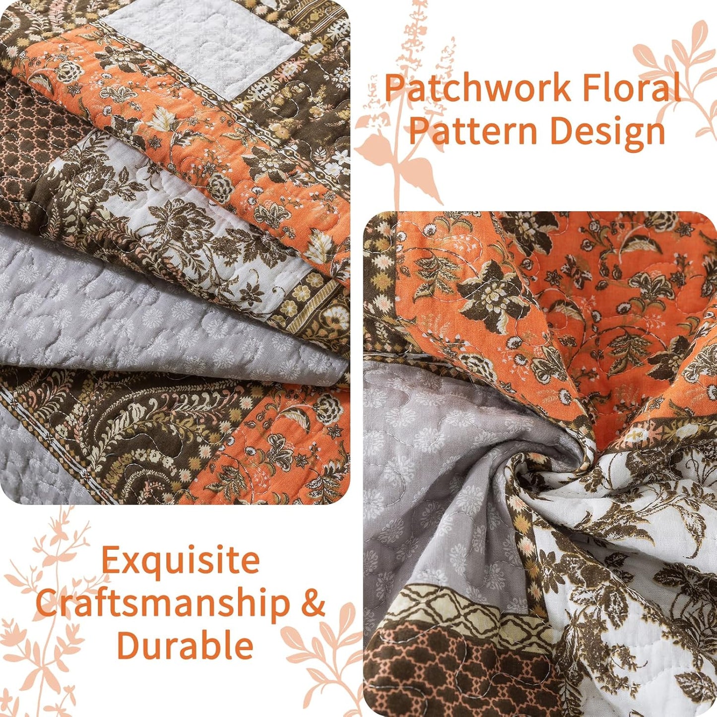 VAPUTAR Quilts Queen Size - Fall Cotton Quilt Set Quilted Bedspread Coverlet Lightweighet Bedding Set with Shams for All Season, 3 Piece Boho Patchwork Quitled Bedspread Queen Size (Dream Orange)