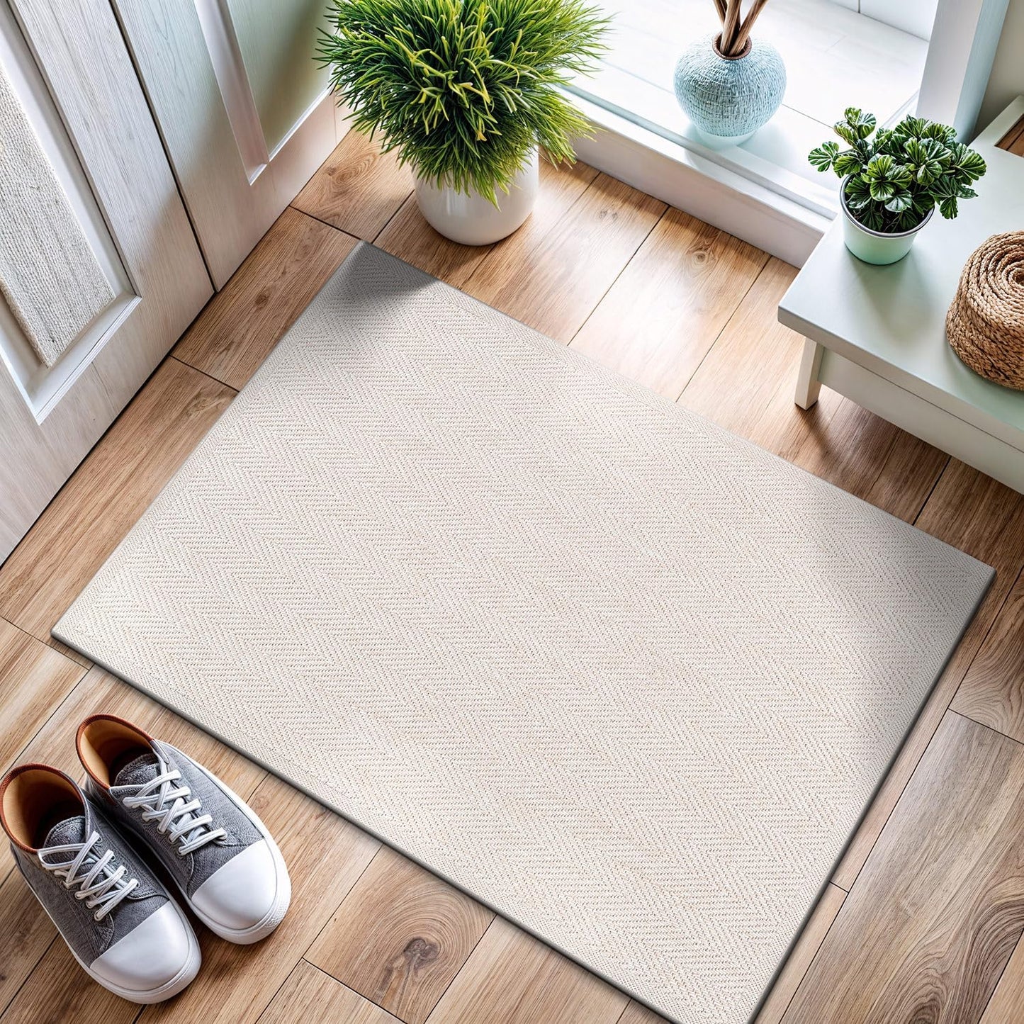 CAMILSON Easy Jute Rug 2x3, Indoor Outdoor Off-White Color Fiber Area Rugs for Bathroom and Kitchen Rug, Herringbone Seagrass Boho Woven Design, Easy-Cleaning, Washable Outside Carpet Alfombras 2 x 3