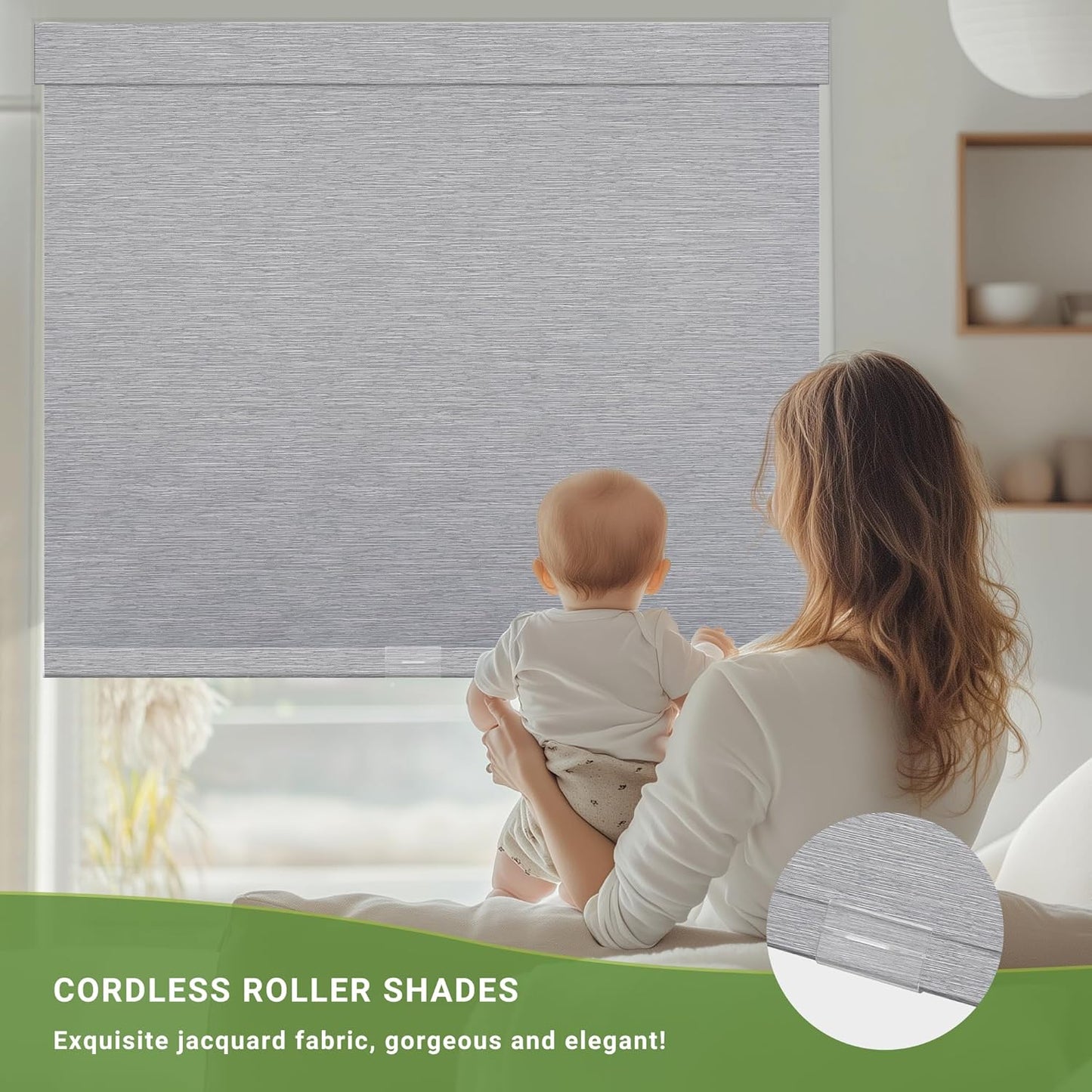Blackout Roller Shades for Indoor Windows, Cordless Jacquard Fabric-Matched Roller Blinds, Easy to Install Privacy UV Protection Roll Up Blinds for Home Office, Grey, 24" W x 72" H
