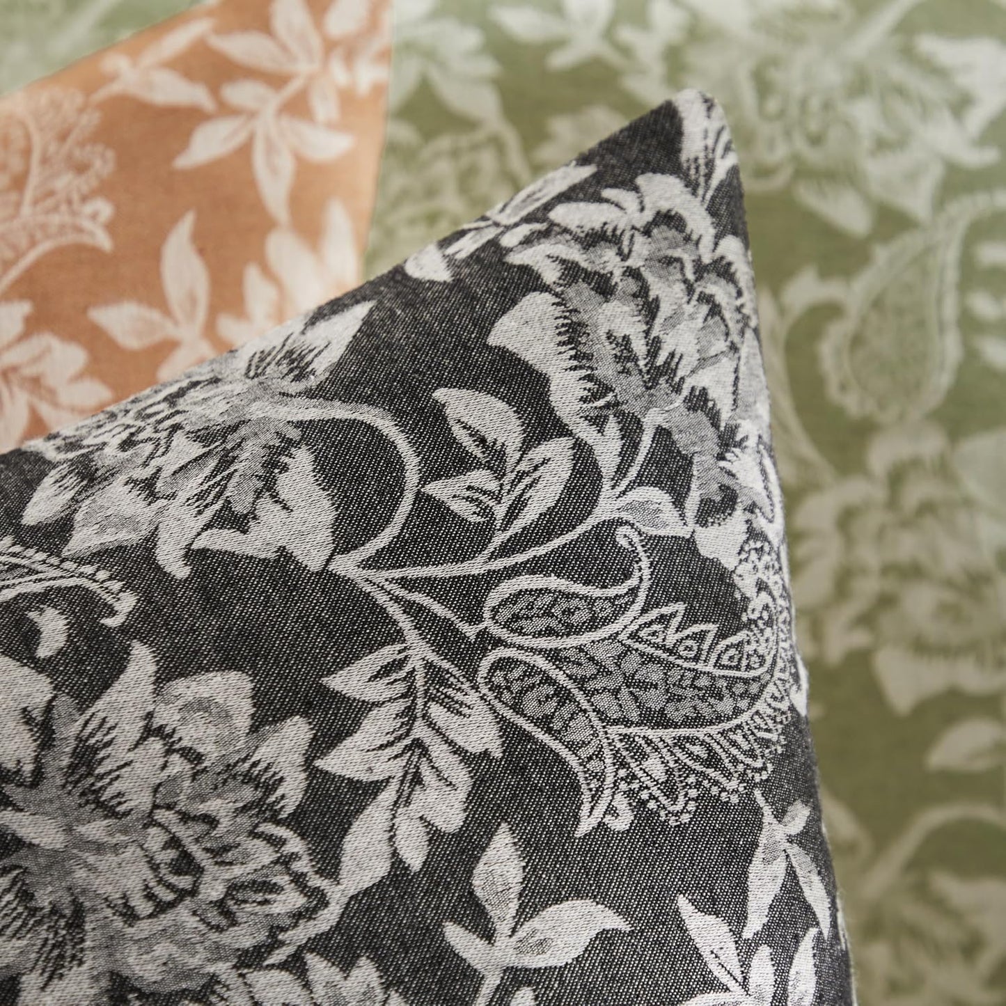 Floral Jacquard Throw Pillow Covers Set of 2, Background/Charcoal 20x20 Inch, Farmhouse Decorative Cotton Dark Grey Cushion Covers for Sofa Bed Living Room Home Decor